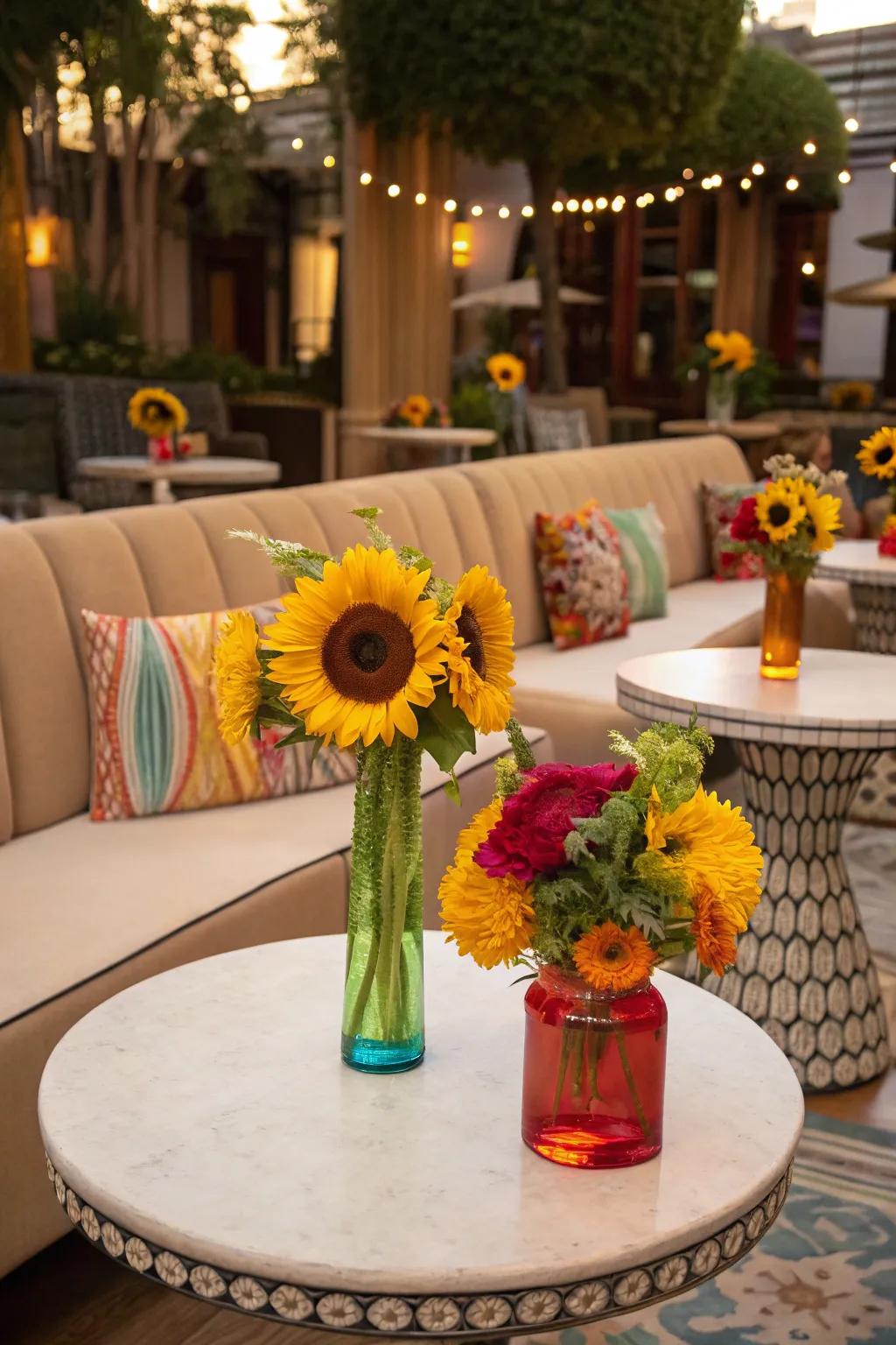 Sunflower decorations adding charm to the cocktail hour.