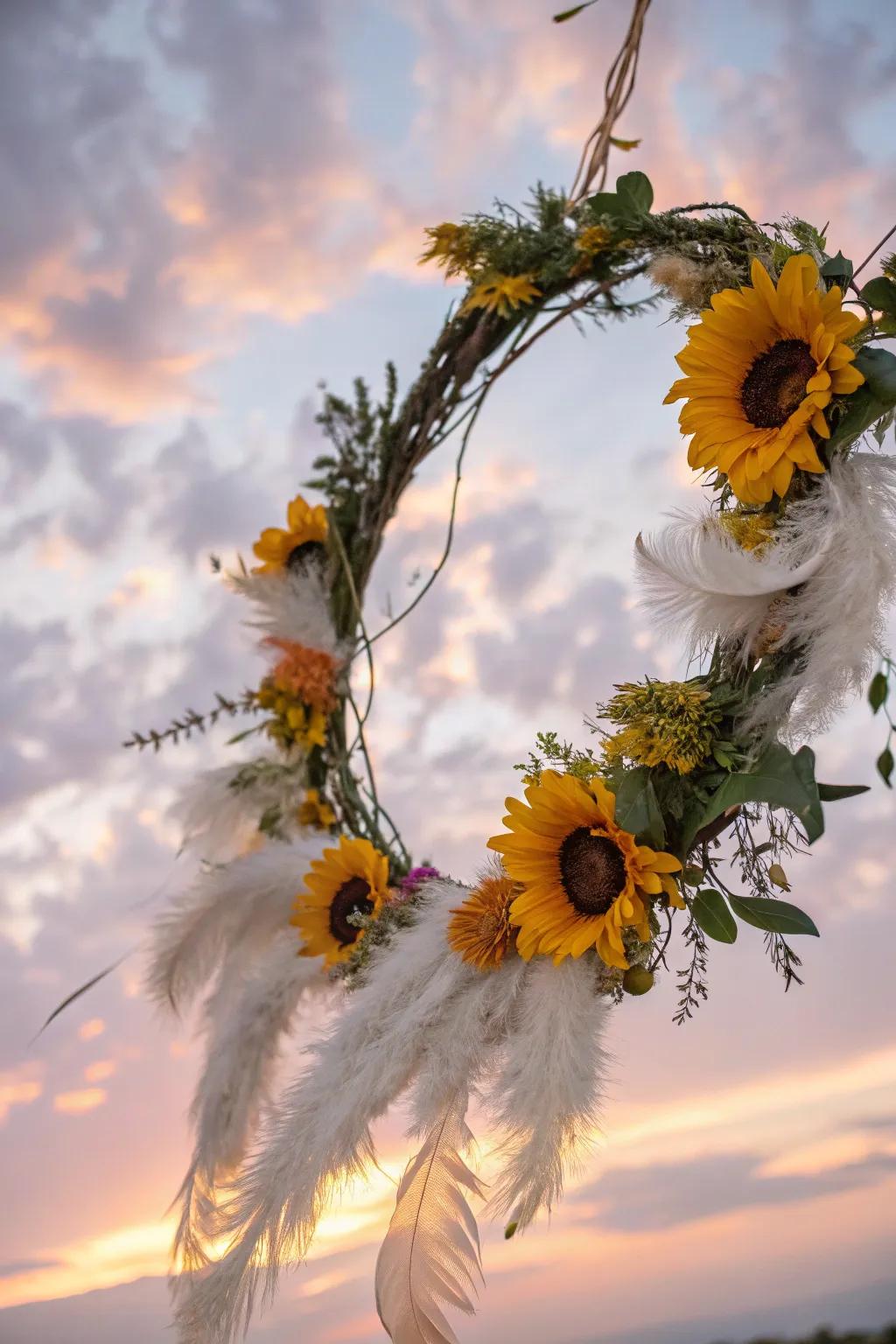 Ethereal beauty with sunflowers and delicate feathers.