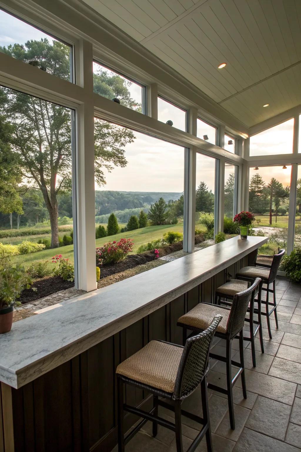 Outdoor views originate a serene and scenic backdrop for your sunroom bar.