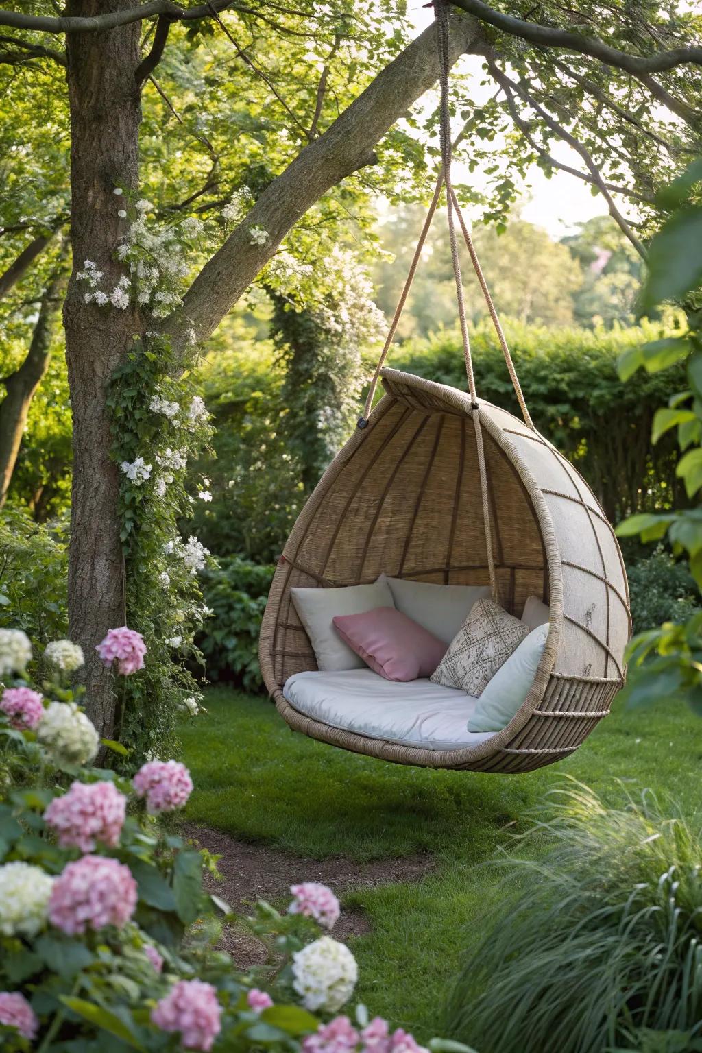 A swing pod presents a private escape in the yard.