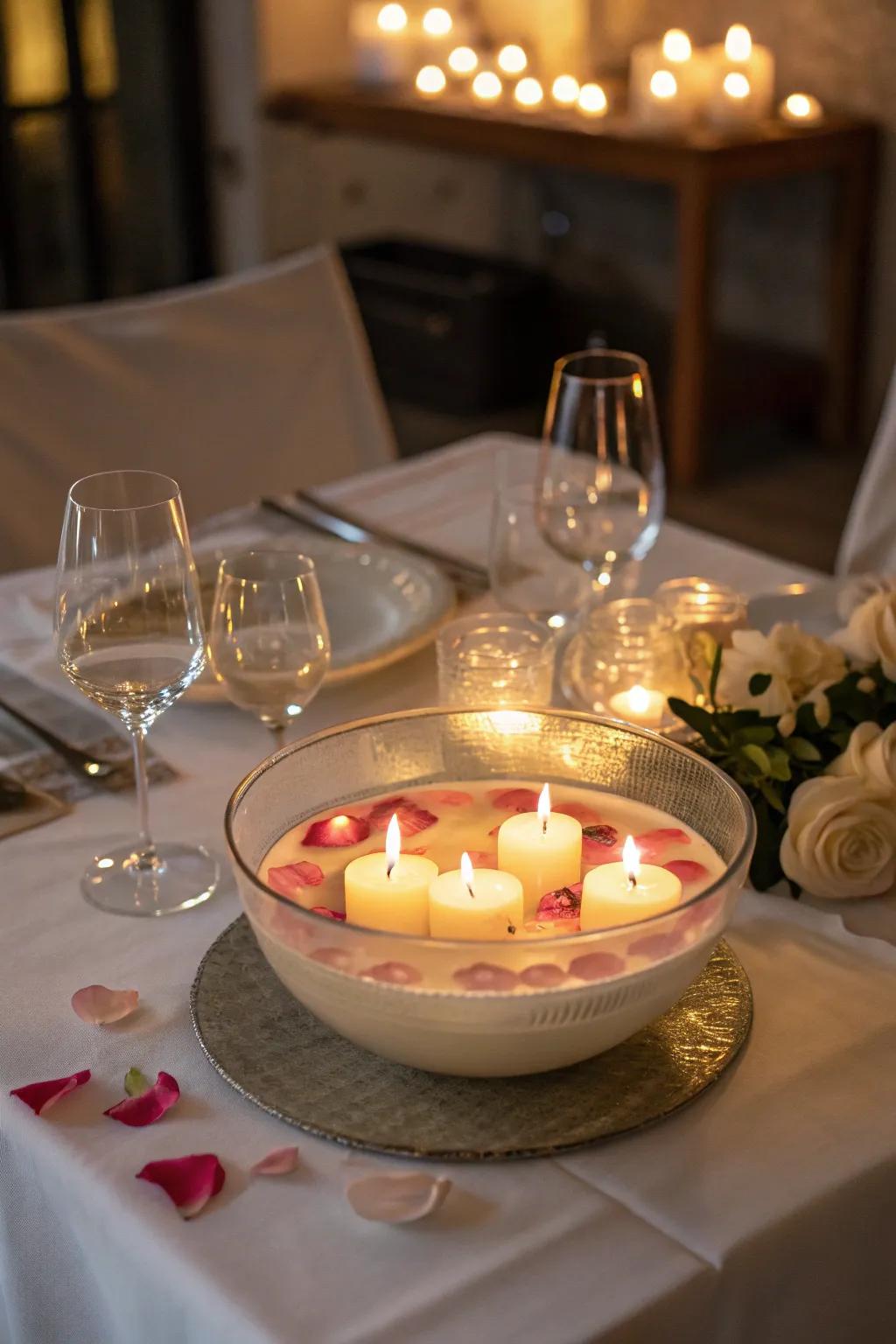 A romantic centerpiece with floating lights.