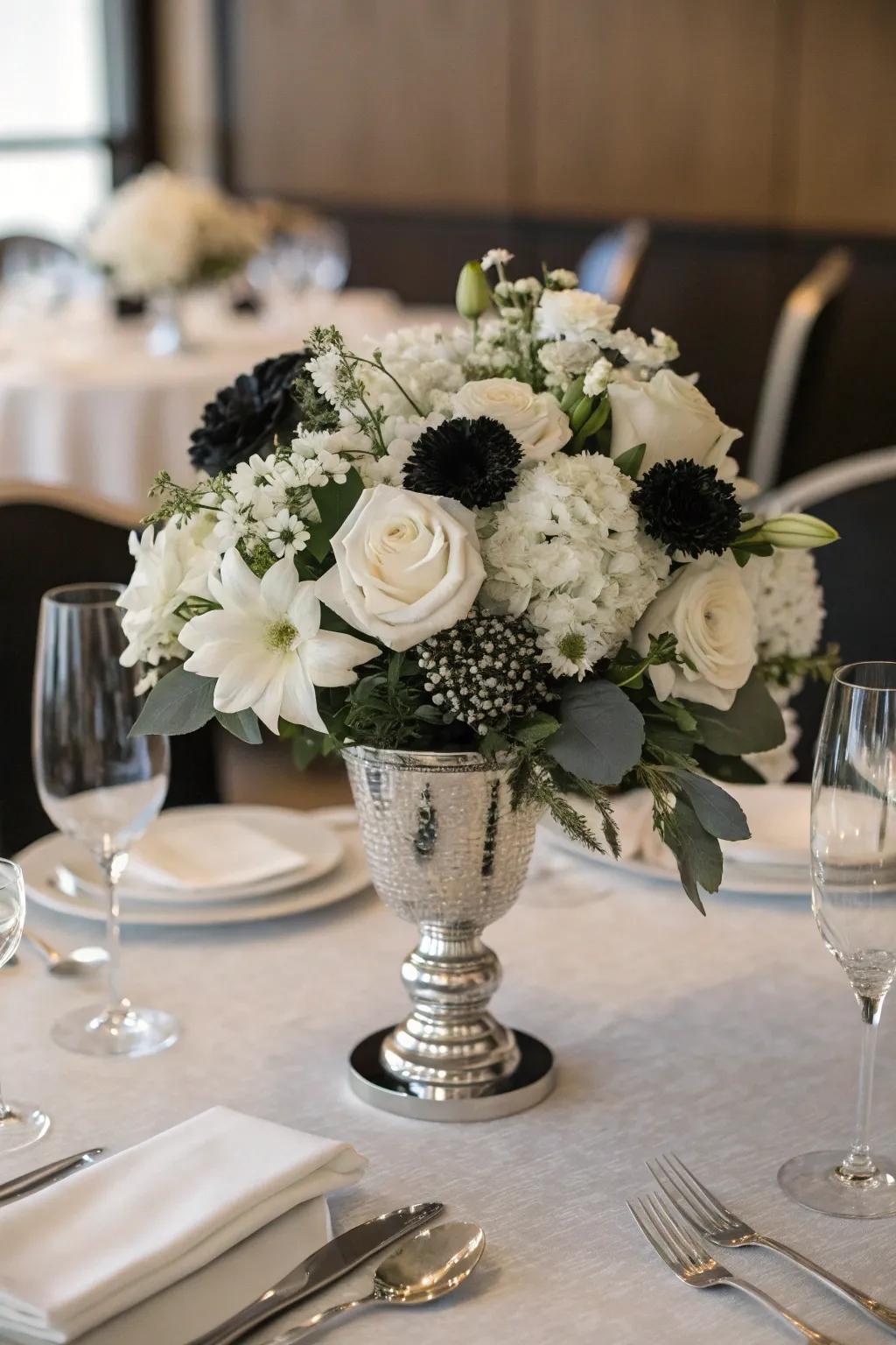 A sophisticated monochrome centerpiece featuring all-ivory flowers.