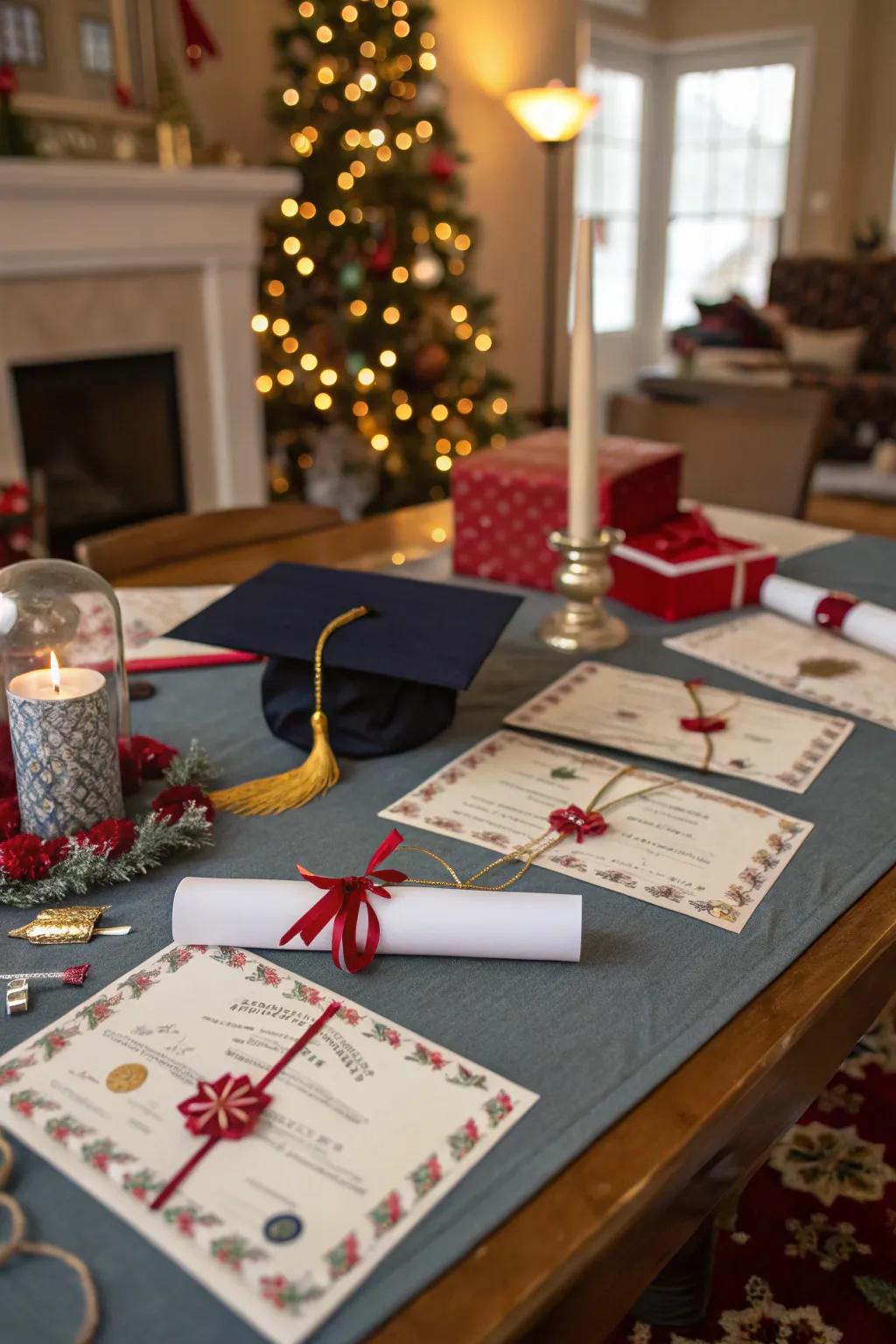 Diminutive academic scrolls are a whimsical acknowledgment of the graduate's achievement.