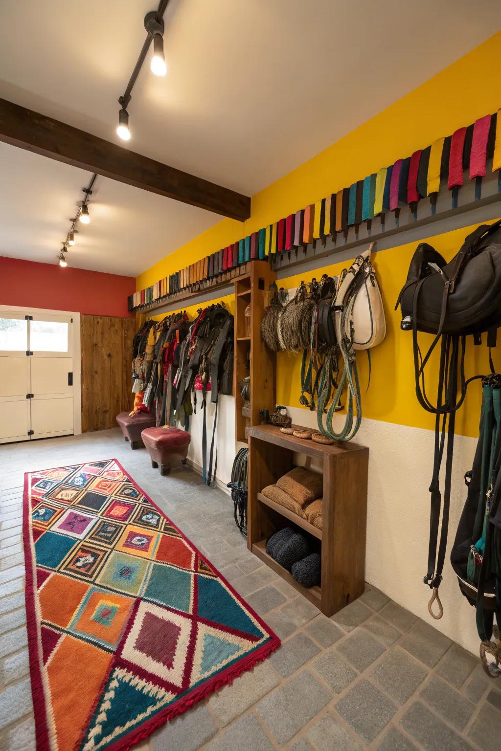 Unforeseen color accents within a tack room for an energetic feel.