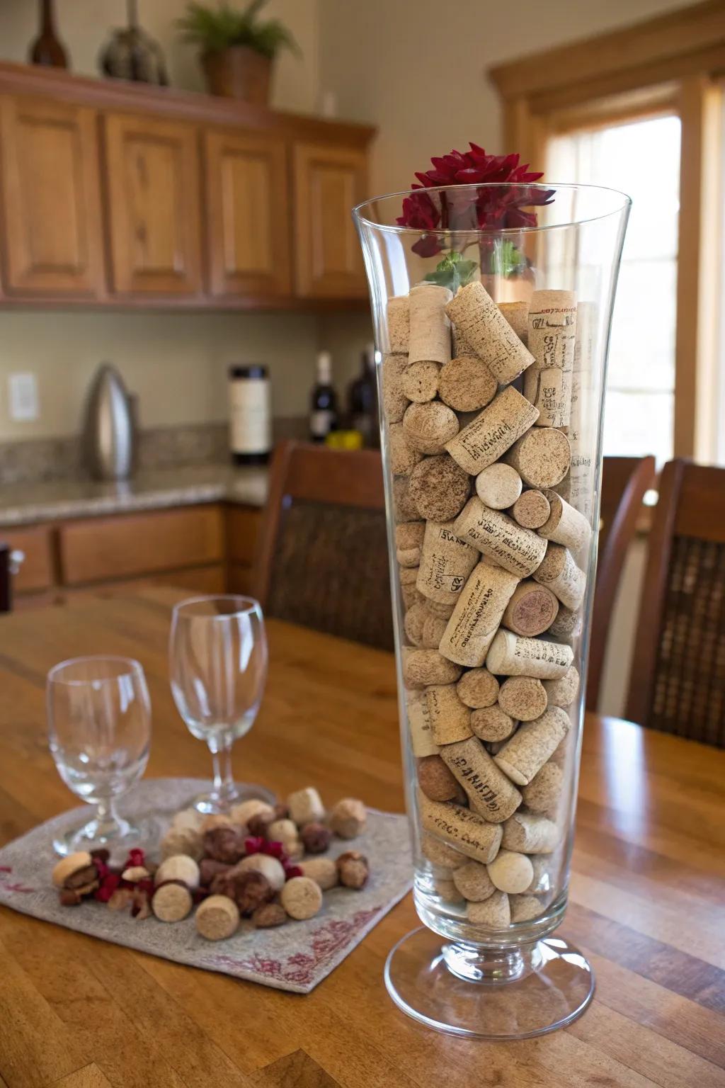 An elevated glass vase showcasing strata of vinaceous stoppers, thereby imparting a personal, pastoral embellishment to the cookery.