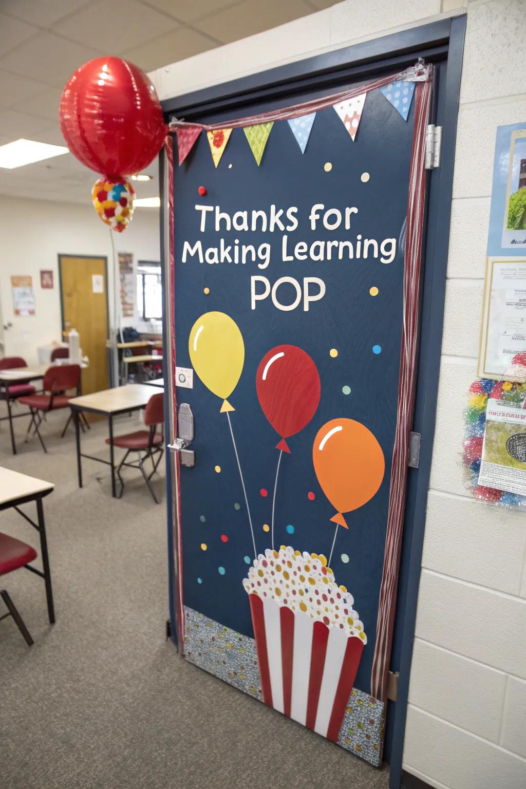 Add a burst of fun with an air sphere and puffed corn-themed door of appreciation.