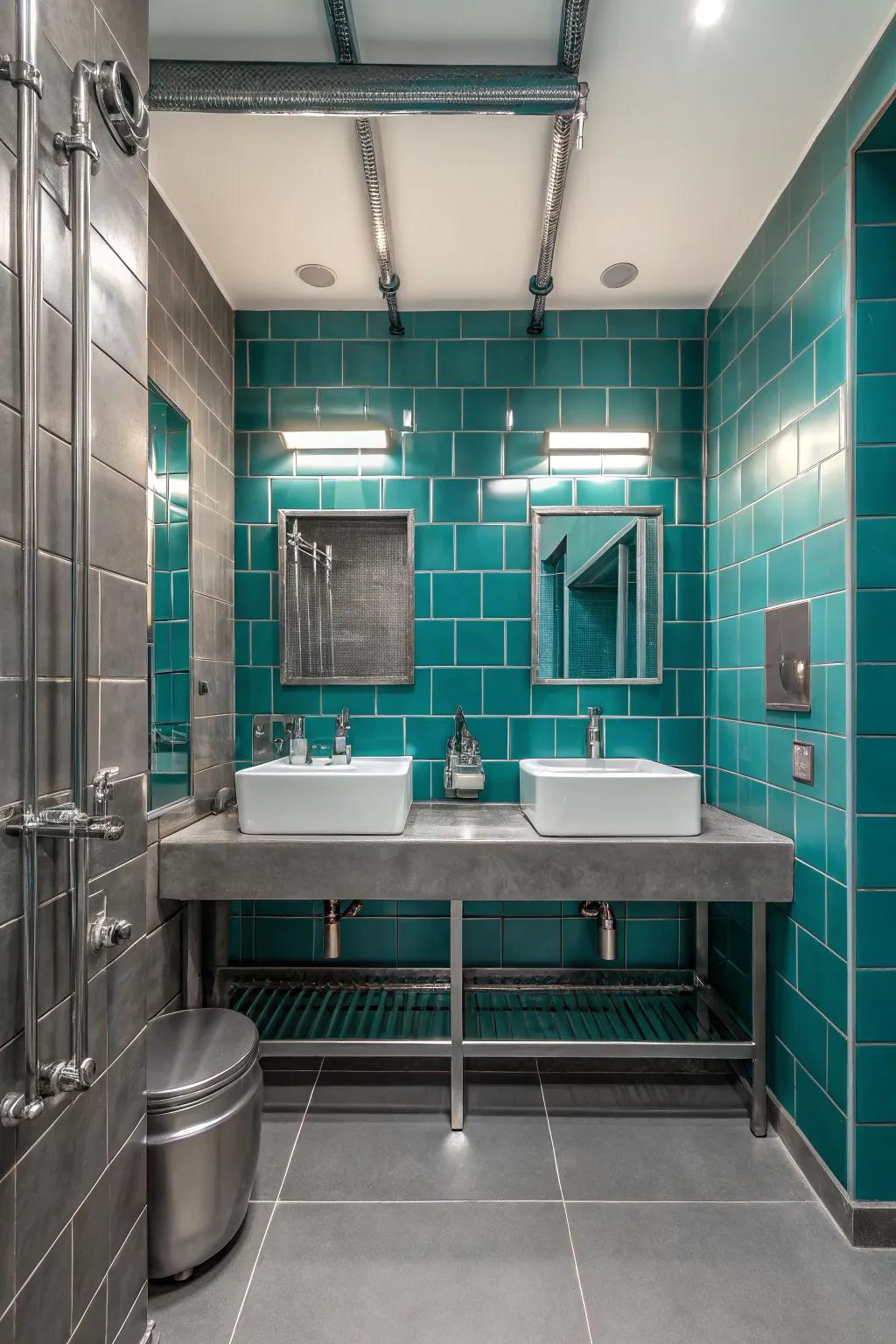 Metallic accents and teal tiling for a current industrial aesthetic.