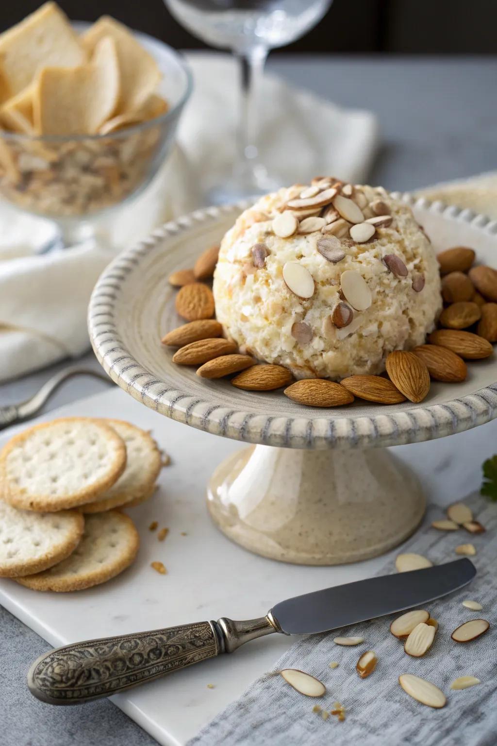 An elegant soft cheese and almond cheese ball, radiating an aura of luxury.