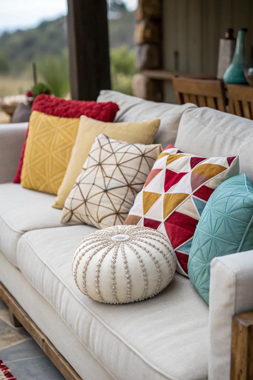 A playful and creative mix of cushion forms adding interest to the decor.
