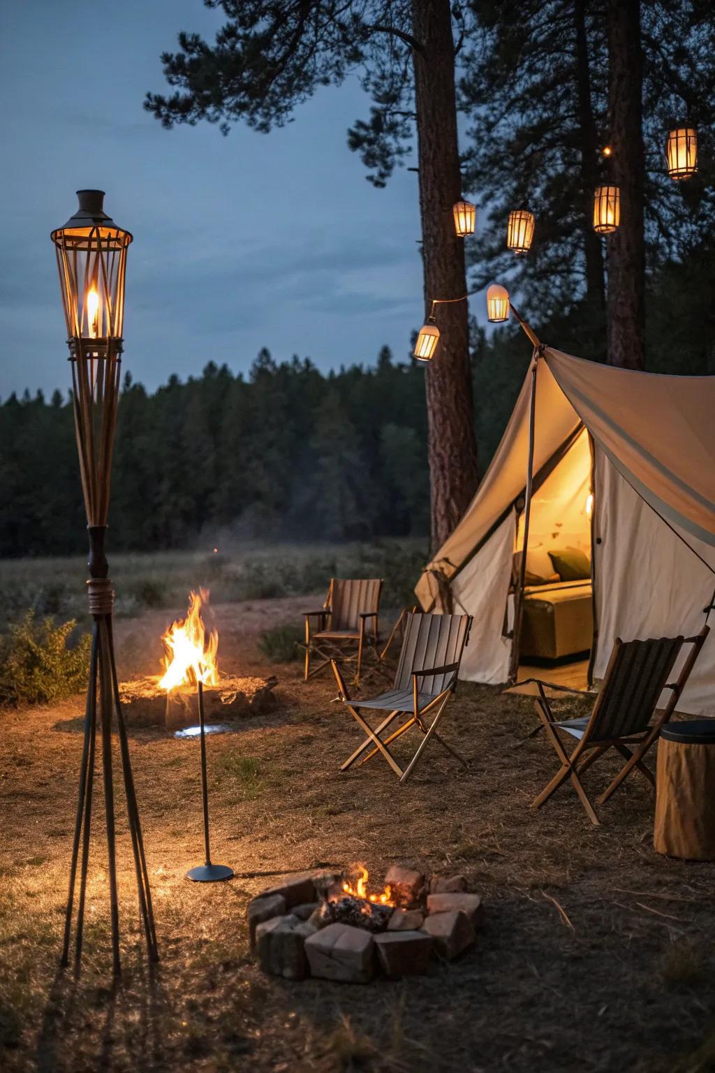 Craft a cozy camping atmosphere with fire poles.