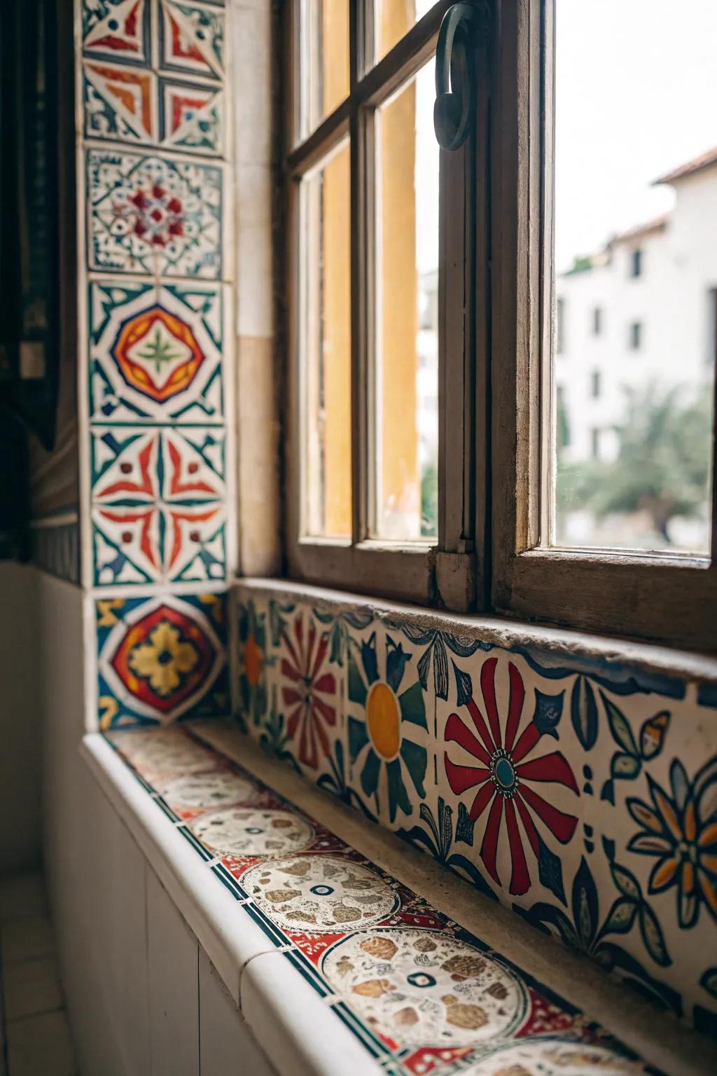 Bold patterned tiles transform this windowsill into a striking focal point.
