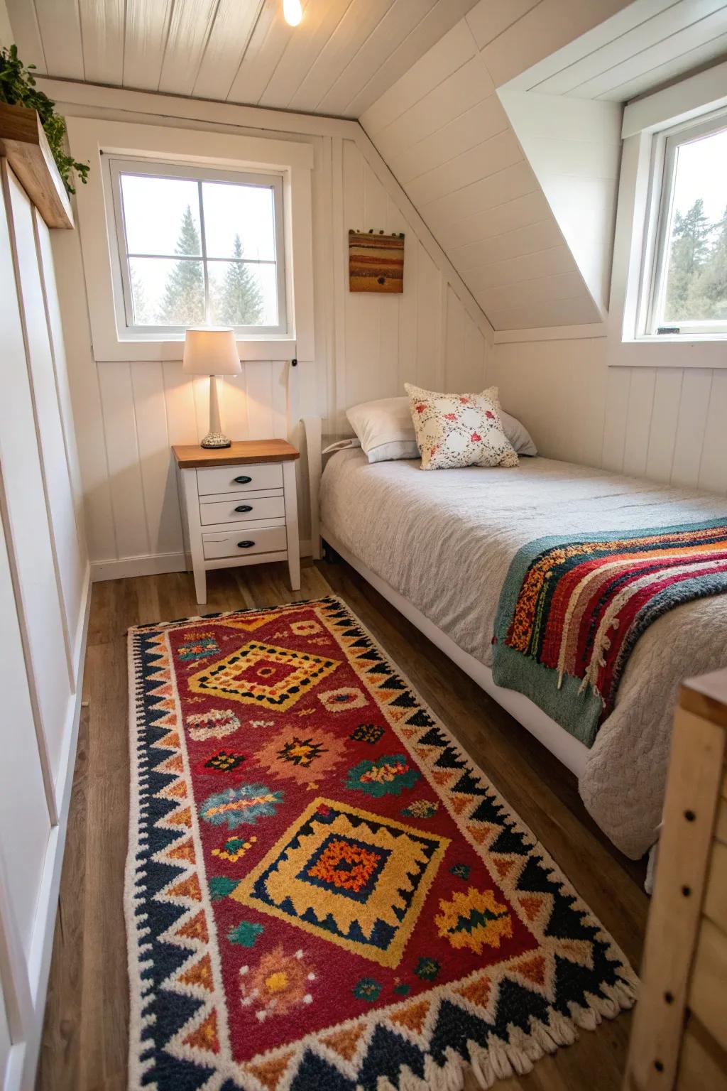 A bright rug defining space and adding a cozy touch to the sleeping space.
