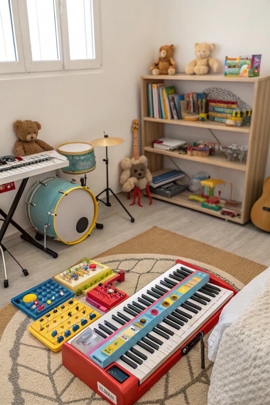 A music area introduces children to the joys of rhythm and melody.