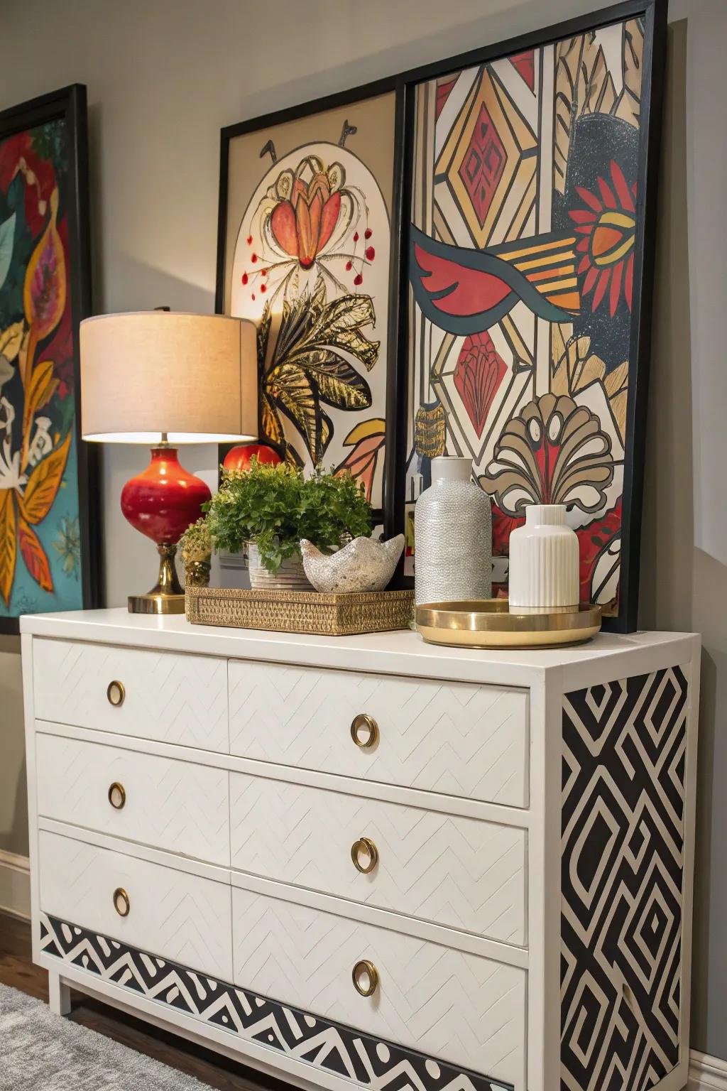 Bold artwork makes a dramatic backdrop for a dresser.