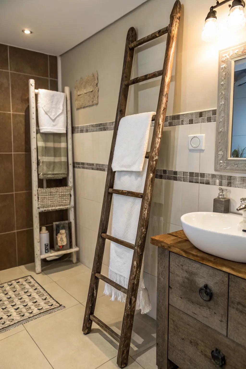 Accept upcycling with a reused step, turning it into a charming towel hanger.