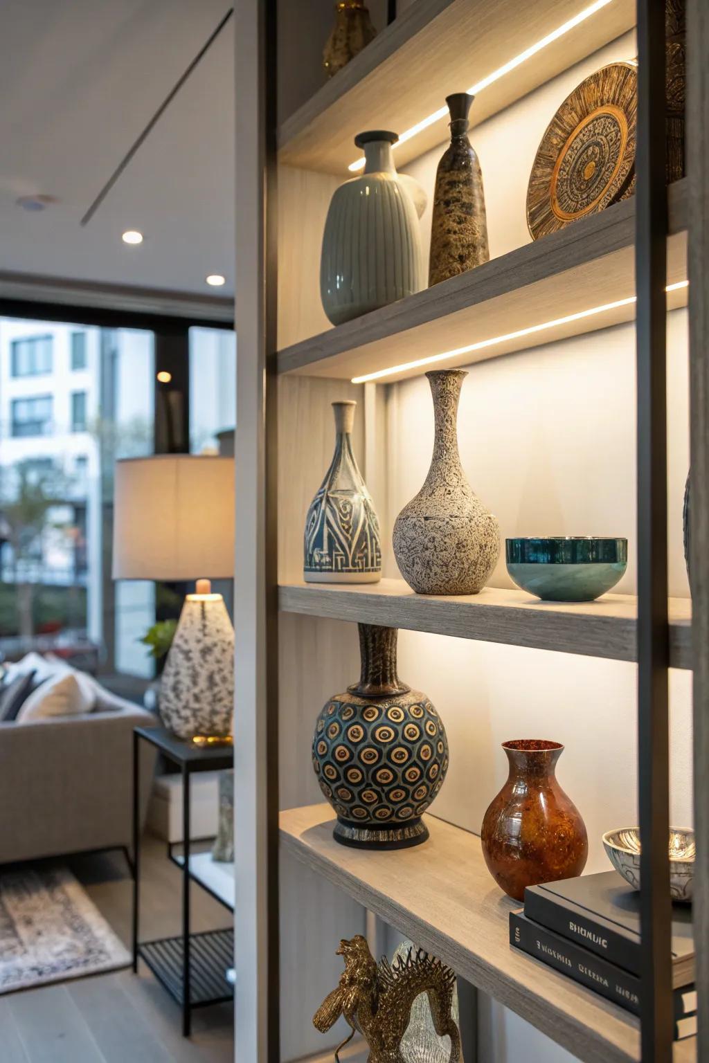 Shelf displaying unique and personal decorative items