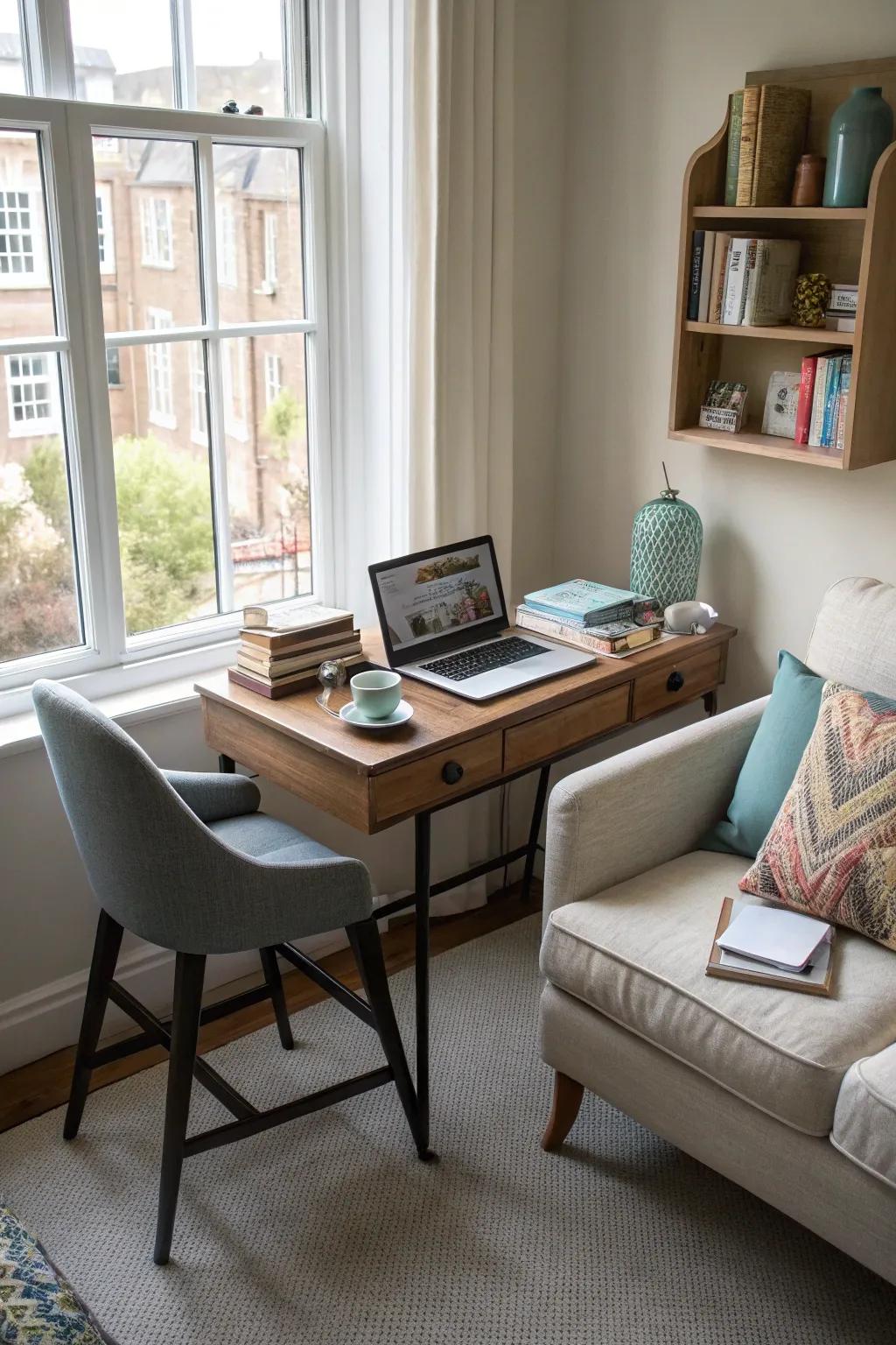 A condensed workspace integrates functionality into the lounge.