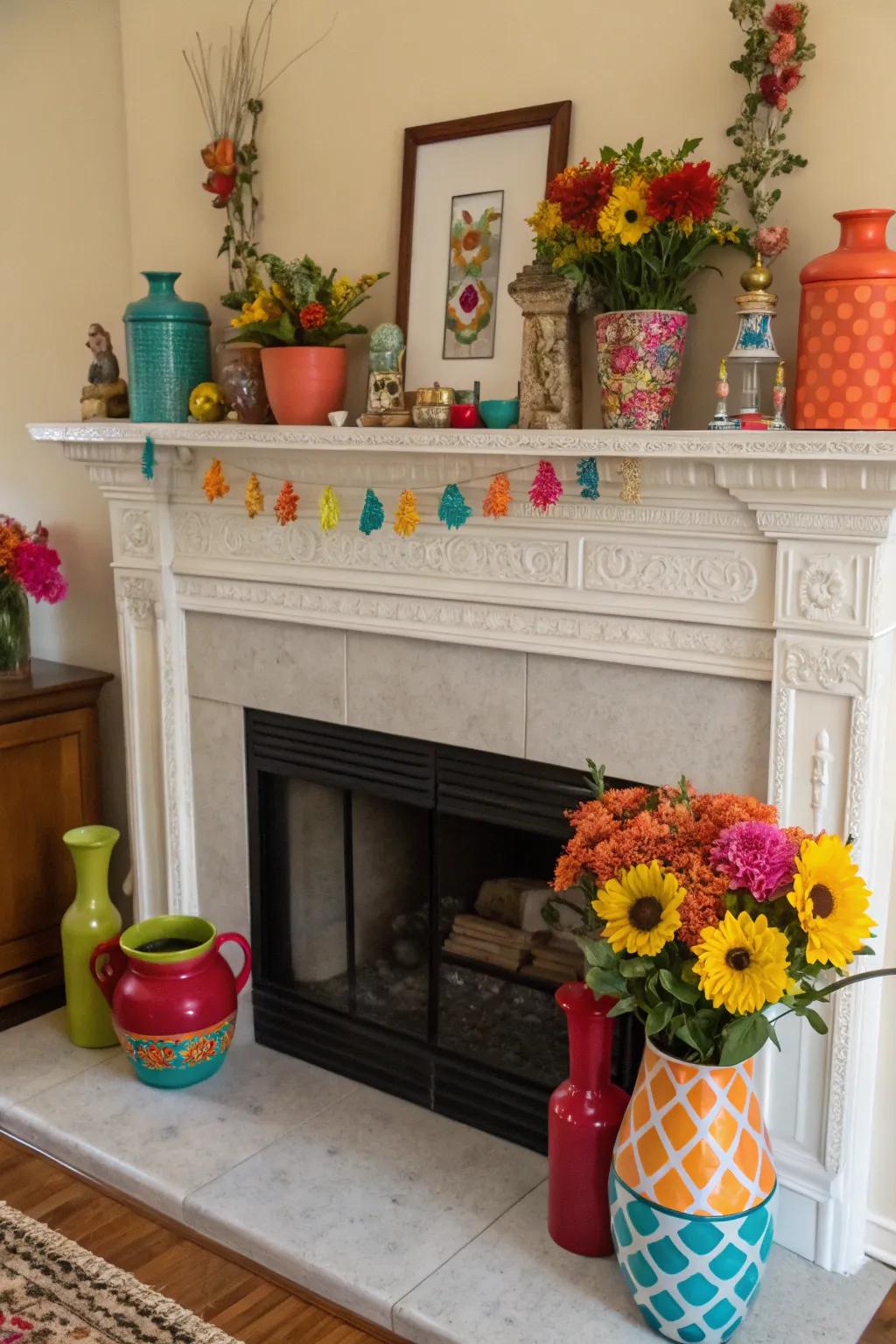 Unforeseen splashes of hue introduce a playful element to the mantel.
