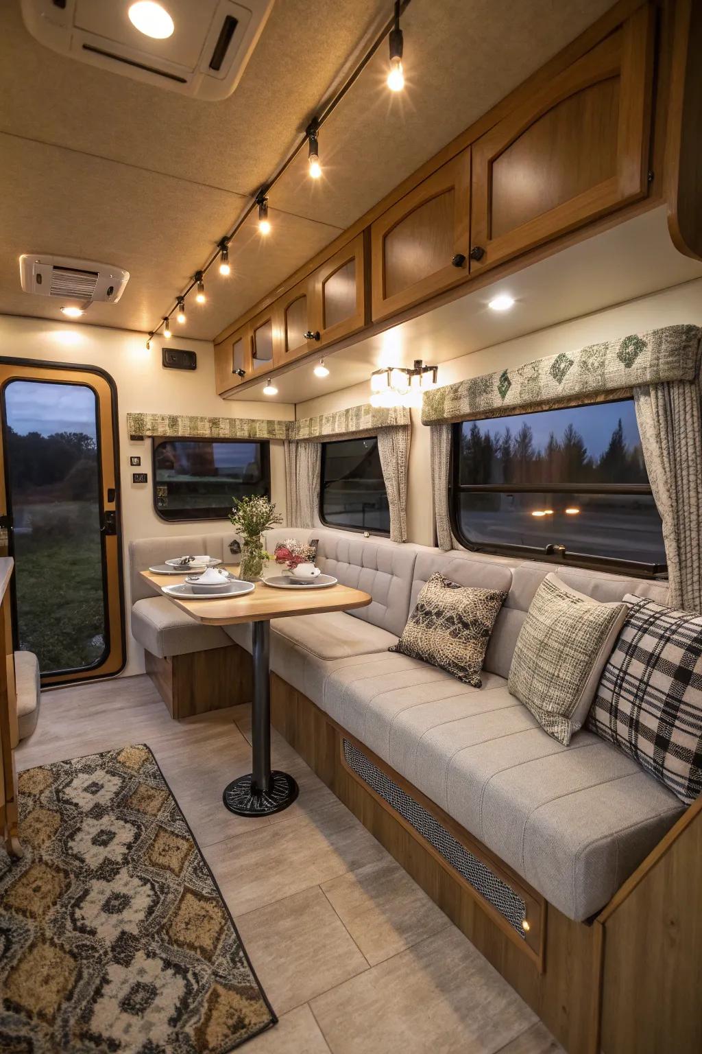 A camper featuring a comfortable banquette setup, perfect for dining and lounging.