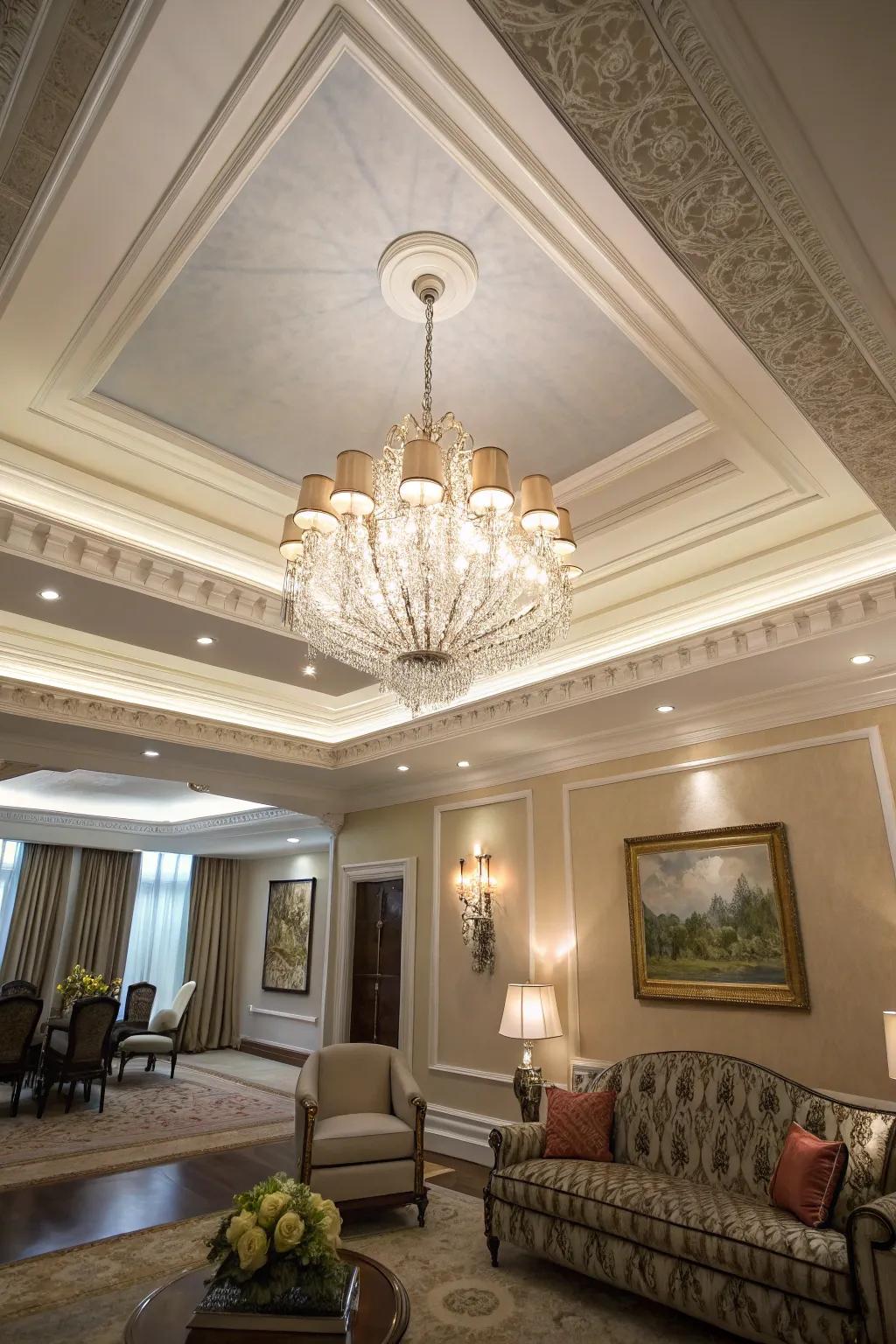 A sophisticated room featuring a tray ceiling with layered crown molding.