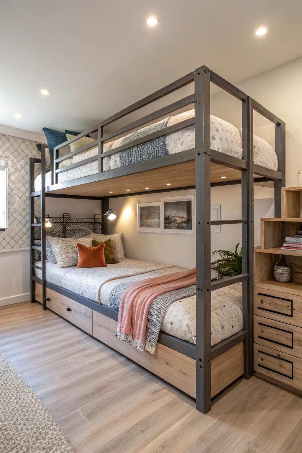 Adaptable and versatile modular triple bunk bed systems.