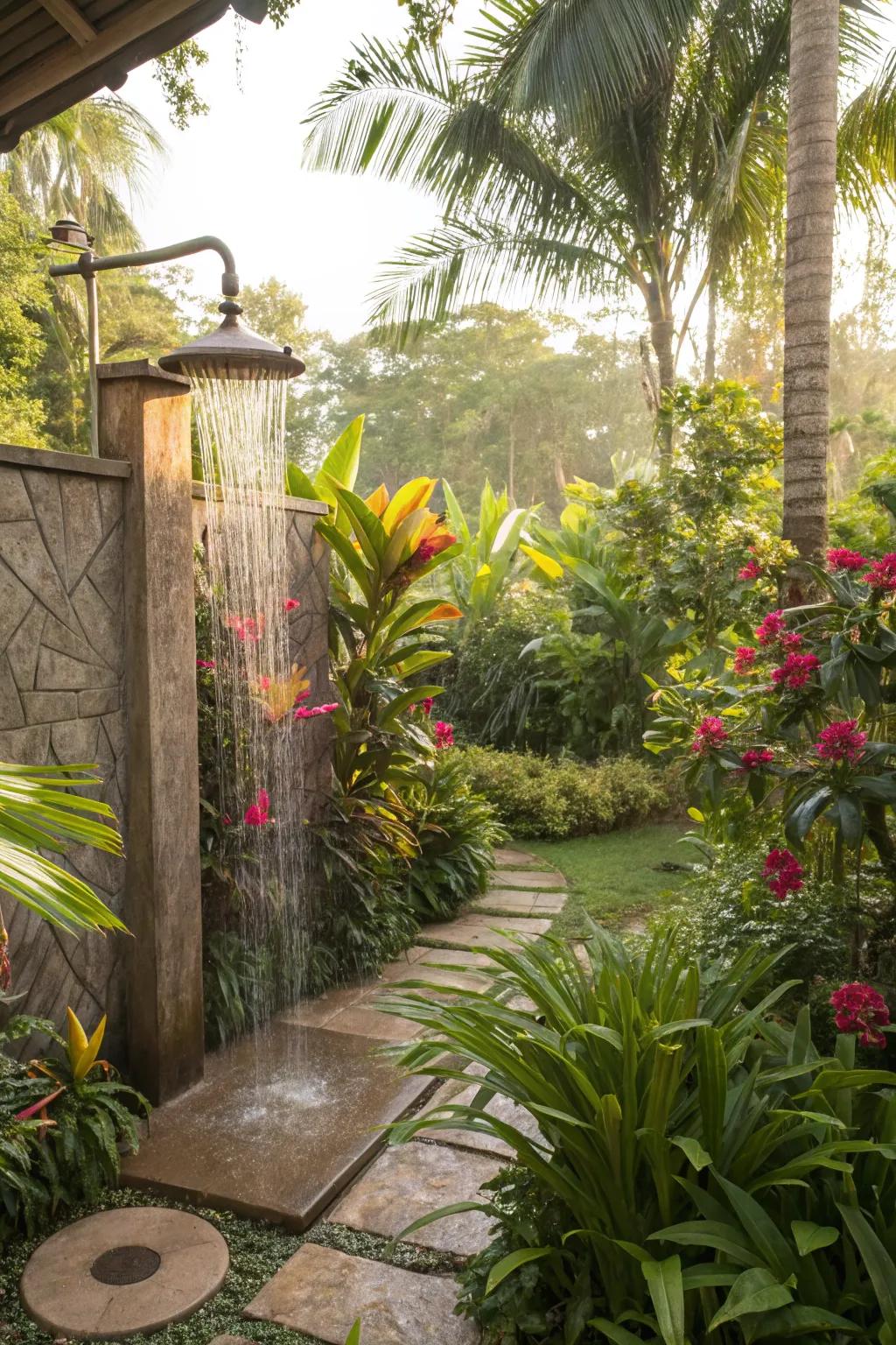 An outside sprinkler provides a luxurious, resort-like feel.
