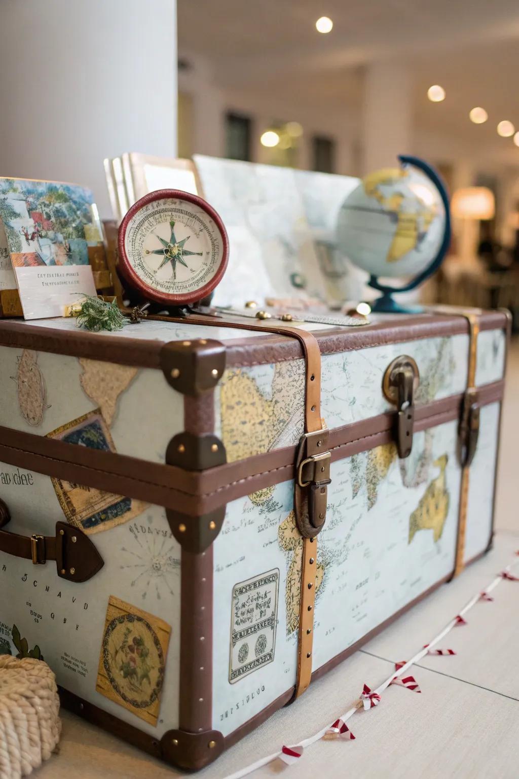 A trunk transformed into a themed decor accent, celebrating the spirit of travel adventures.