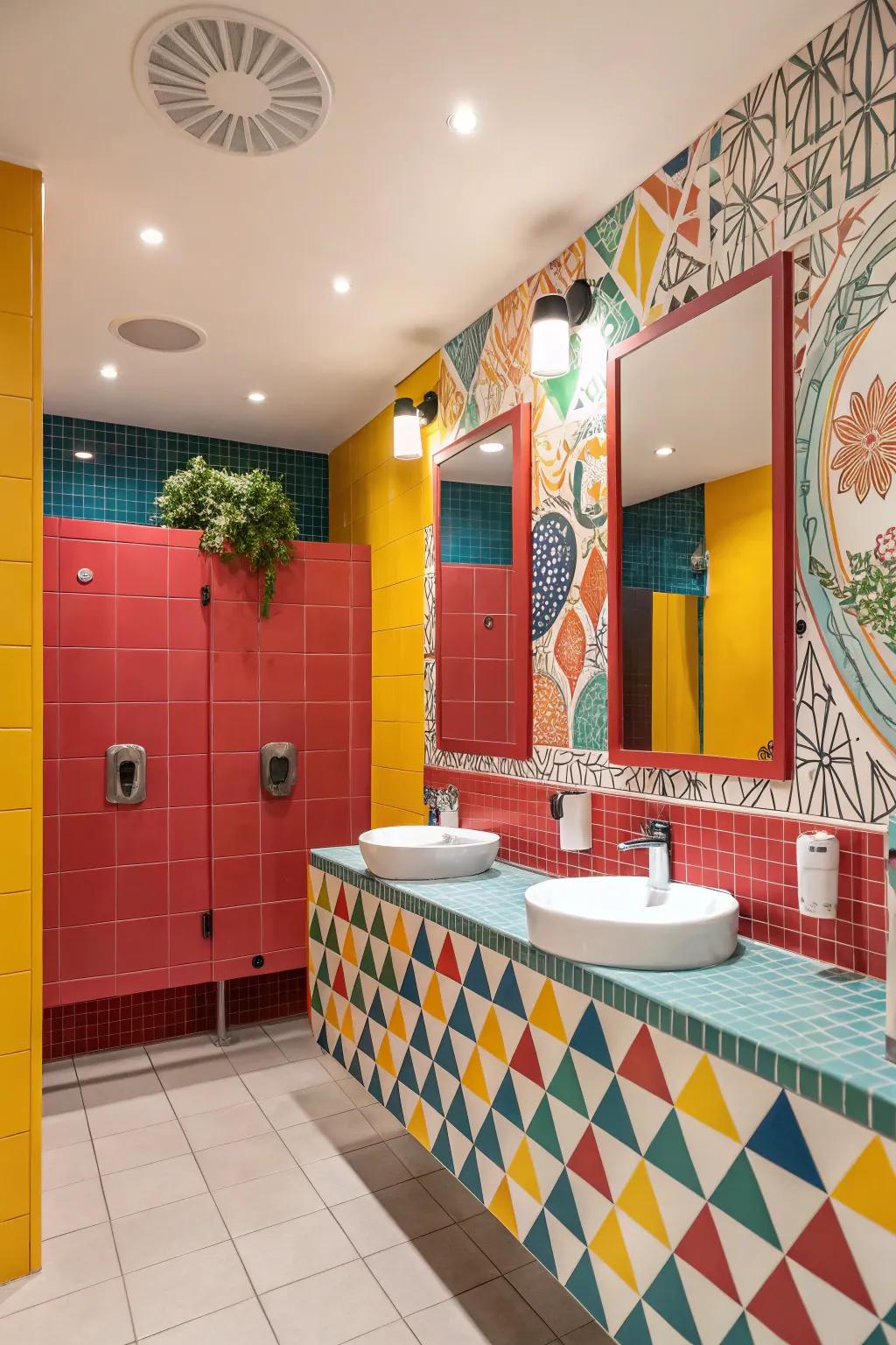 Vivid color highlights produce a lively and vibrant bathroom environment.