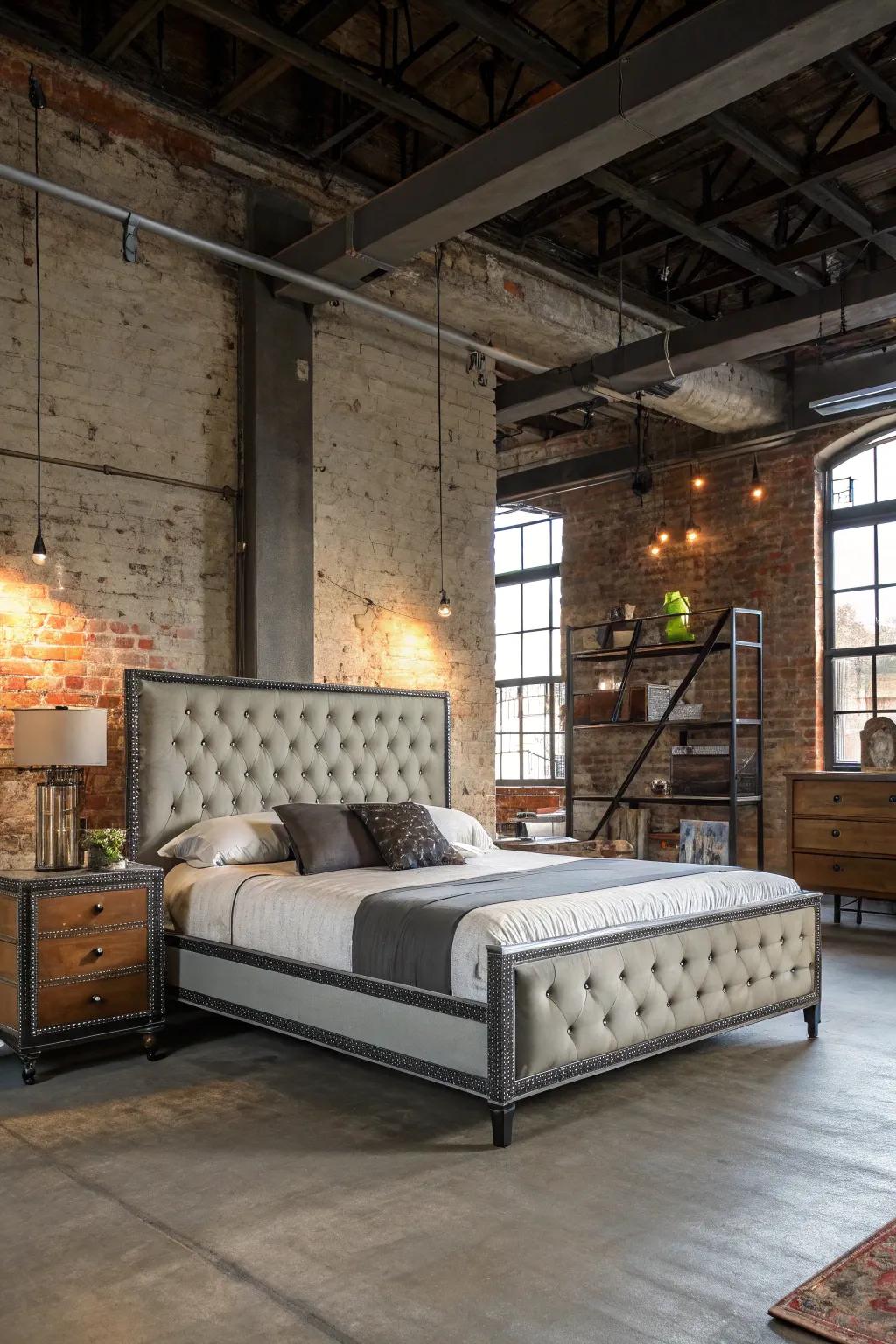 An industrial bedroom showcases a unique tufted headboard.