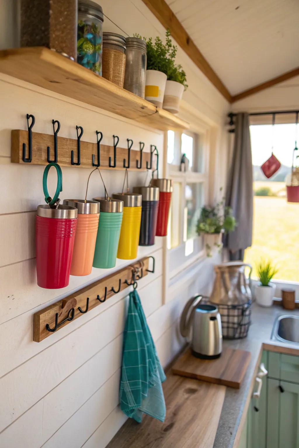 Tumbler wall display creating a striking kitchen aesthetic.