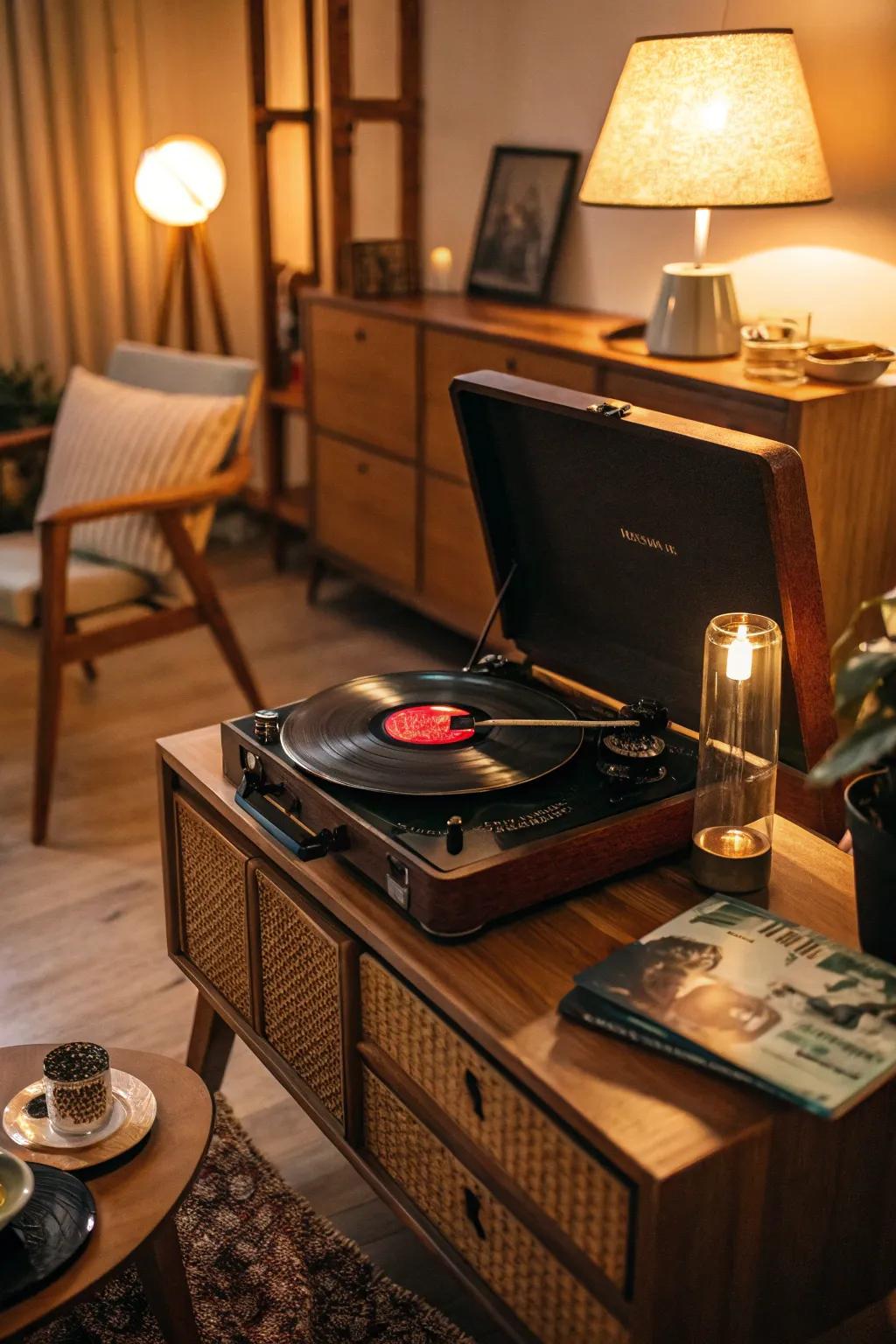 Vintage-inspired lighting adding charm to a record player space.