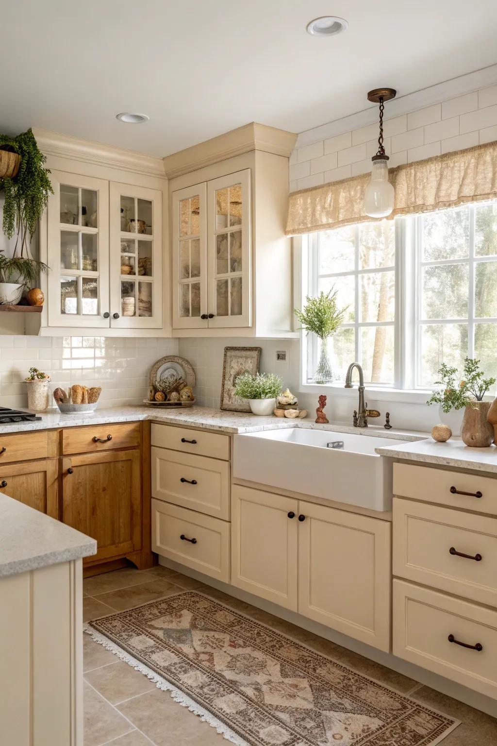 A cozy fawn and alabaster kitchen that feels inviting.