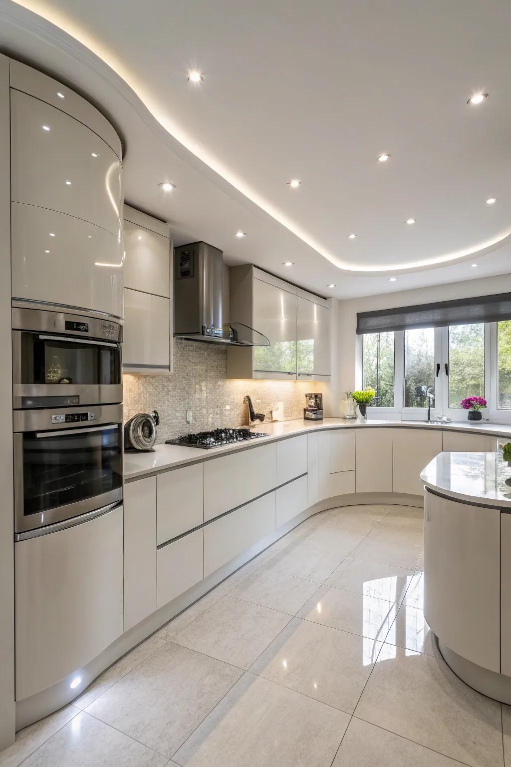 Curved cabinets give a modern twist to traditional designs.