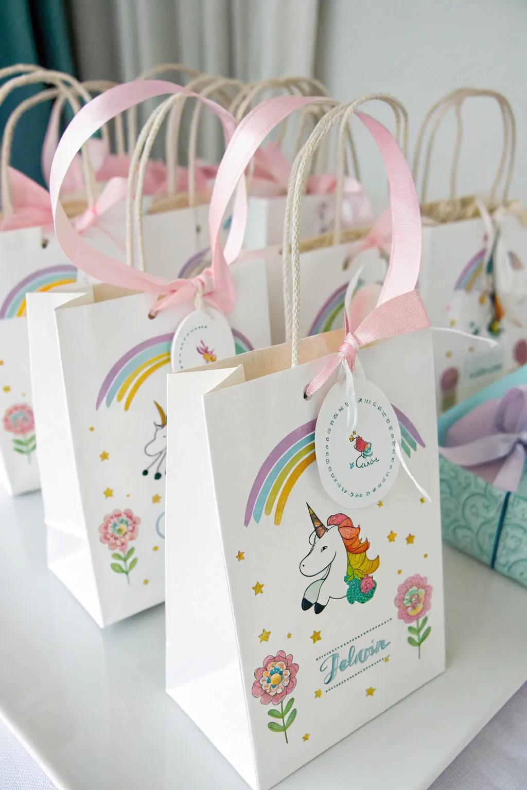 Personalized labels making unicorn favor bags unique.