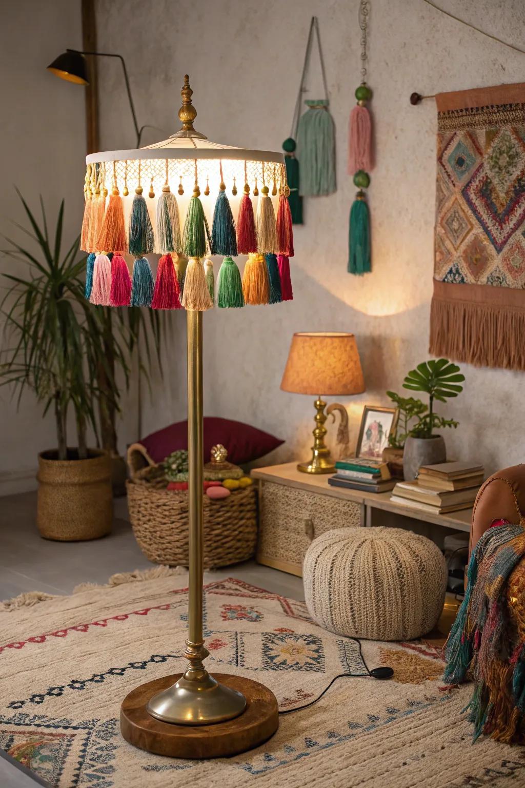 Bohemian vibes stemming from a fringe lamp.