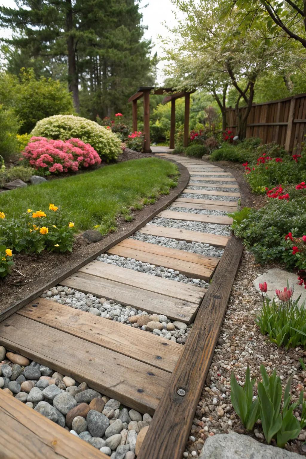 Paths with combined media bring texture and depth to garden landscapes.