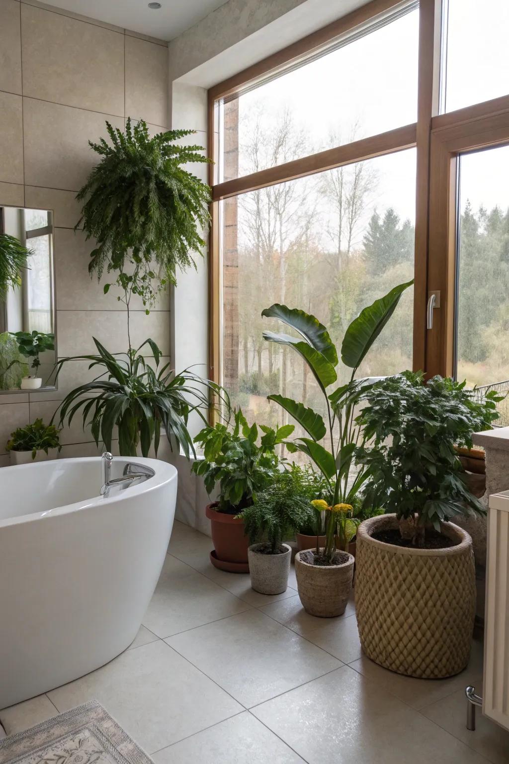 Vegetation breathes vitality and freshness into the washroom space.