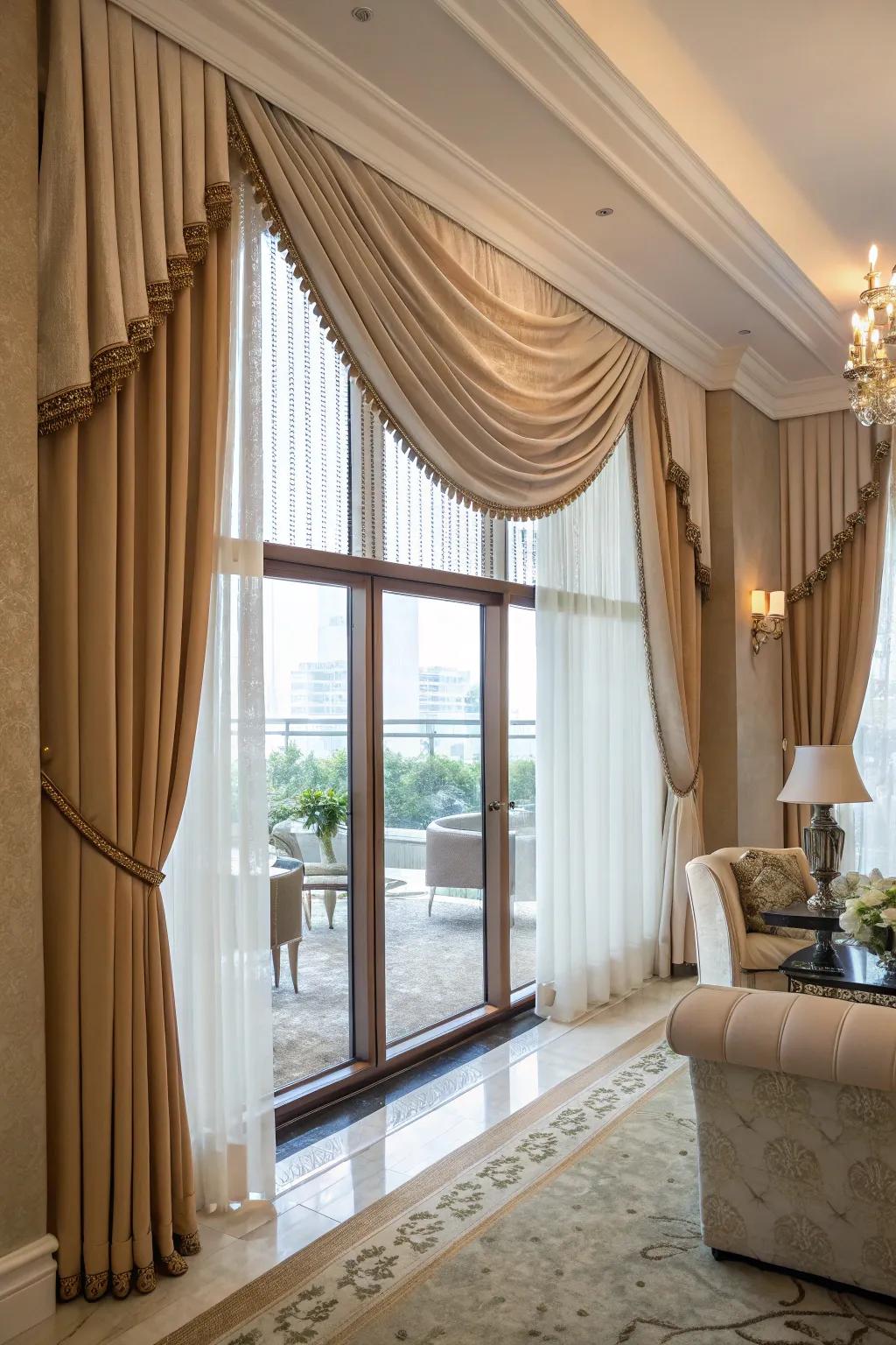 A window displaying a layered cloth topper in an elegant sitting room.