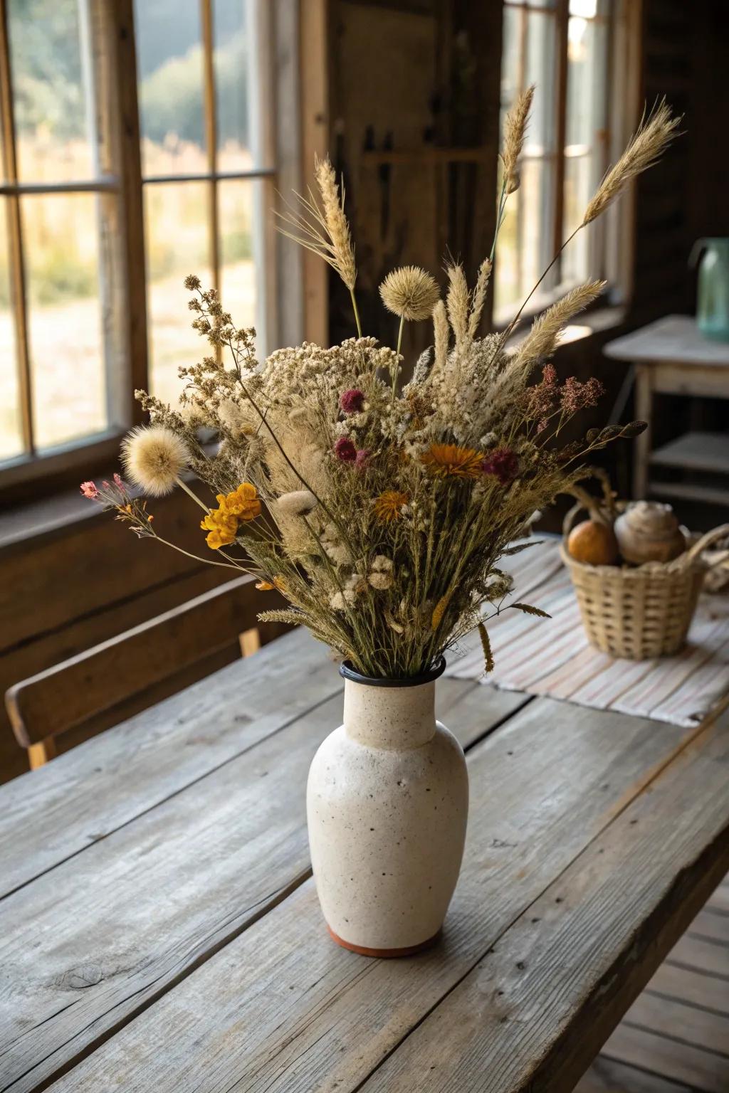 Elegant desiccated blossom bouquet featuring country allure.