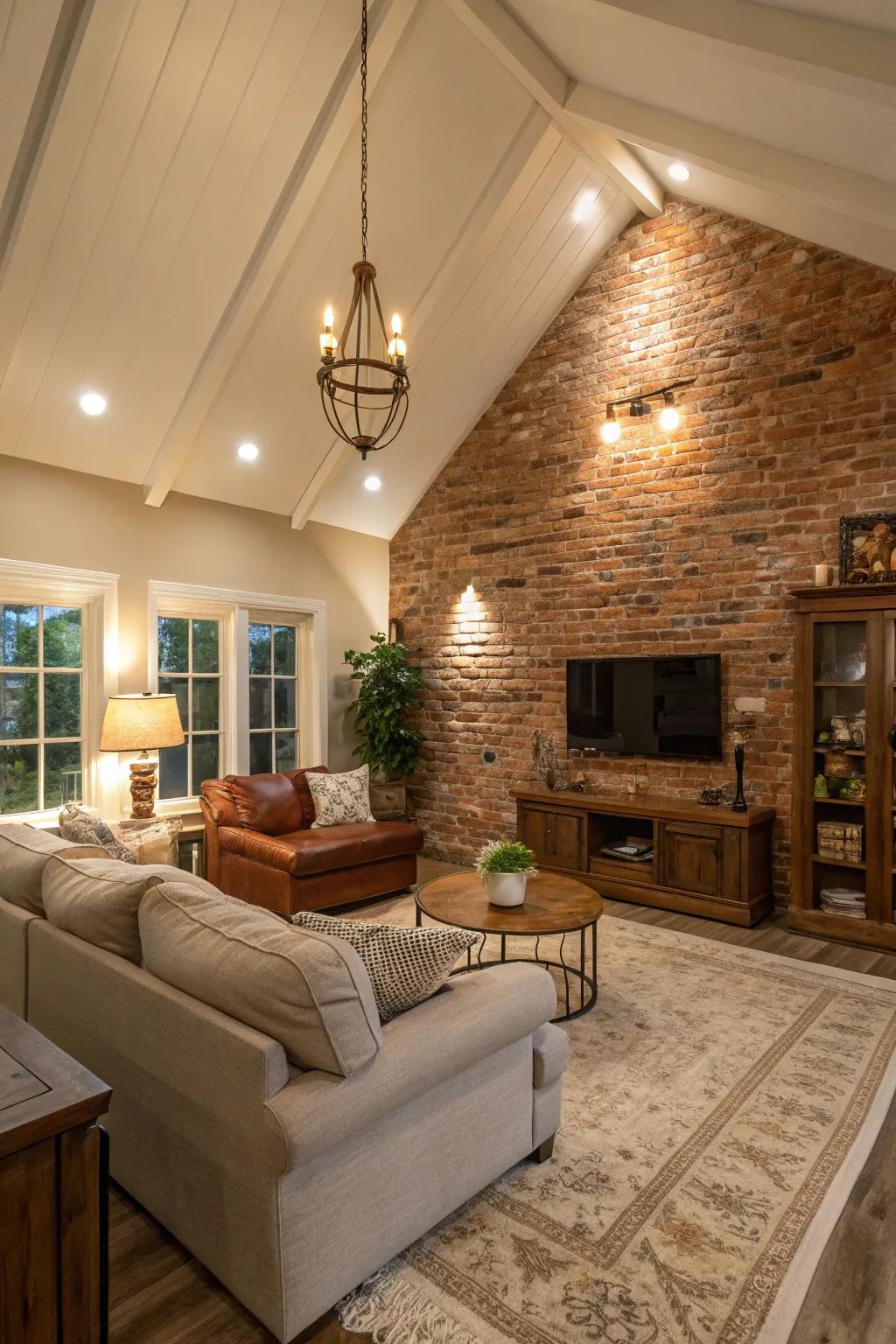 Living room featuring a vaulted ceiling and uncovered brickwork accent wall