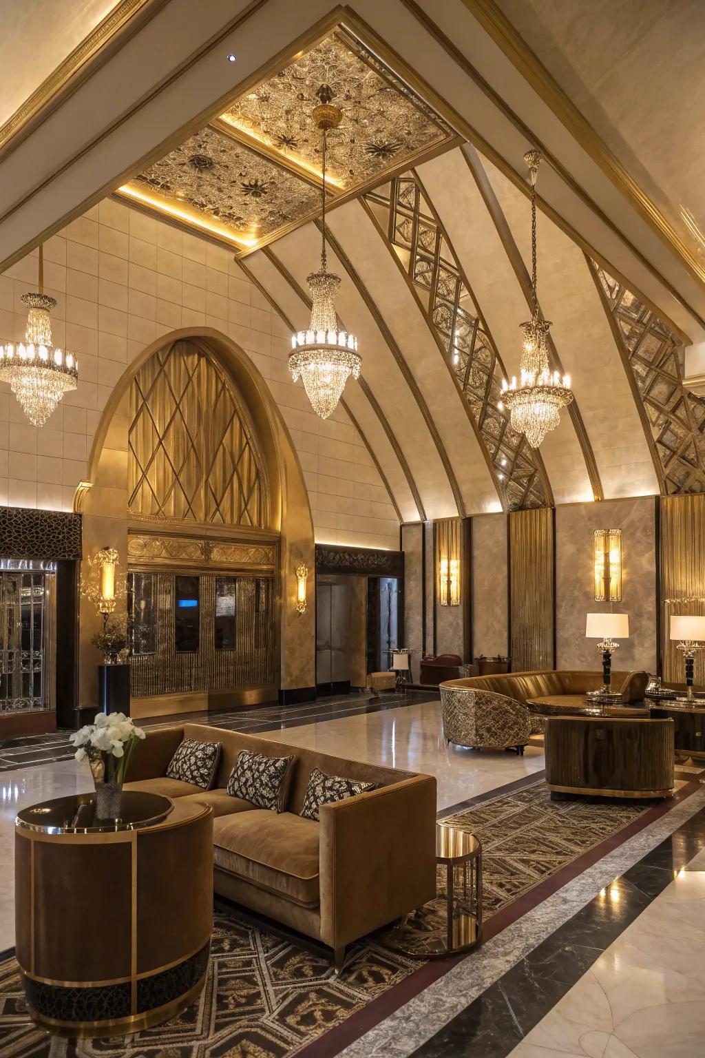Art Deco flair with angled beams on a vaulted ceiling.
