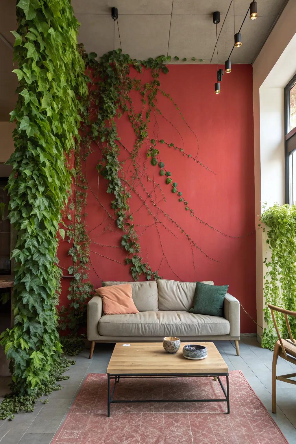 Make a statement with the juxtaposition of vivid walls and vibrant vines.