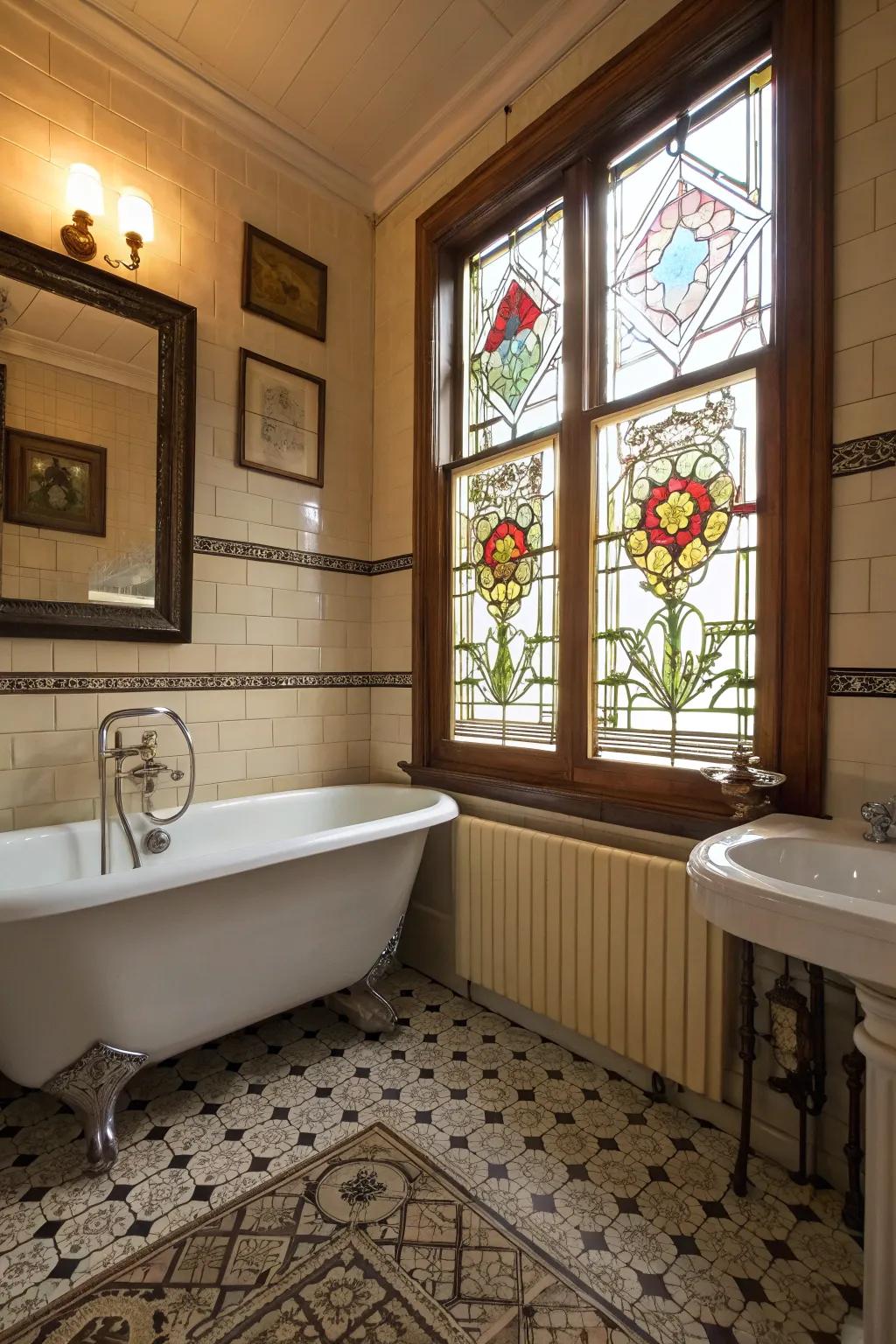 Colored glass windows introduce color and privacy with a vintage feel.