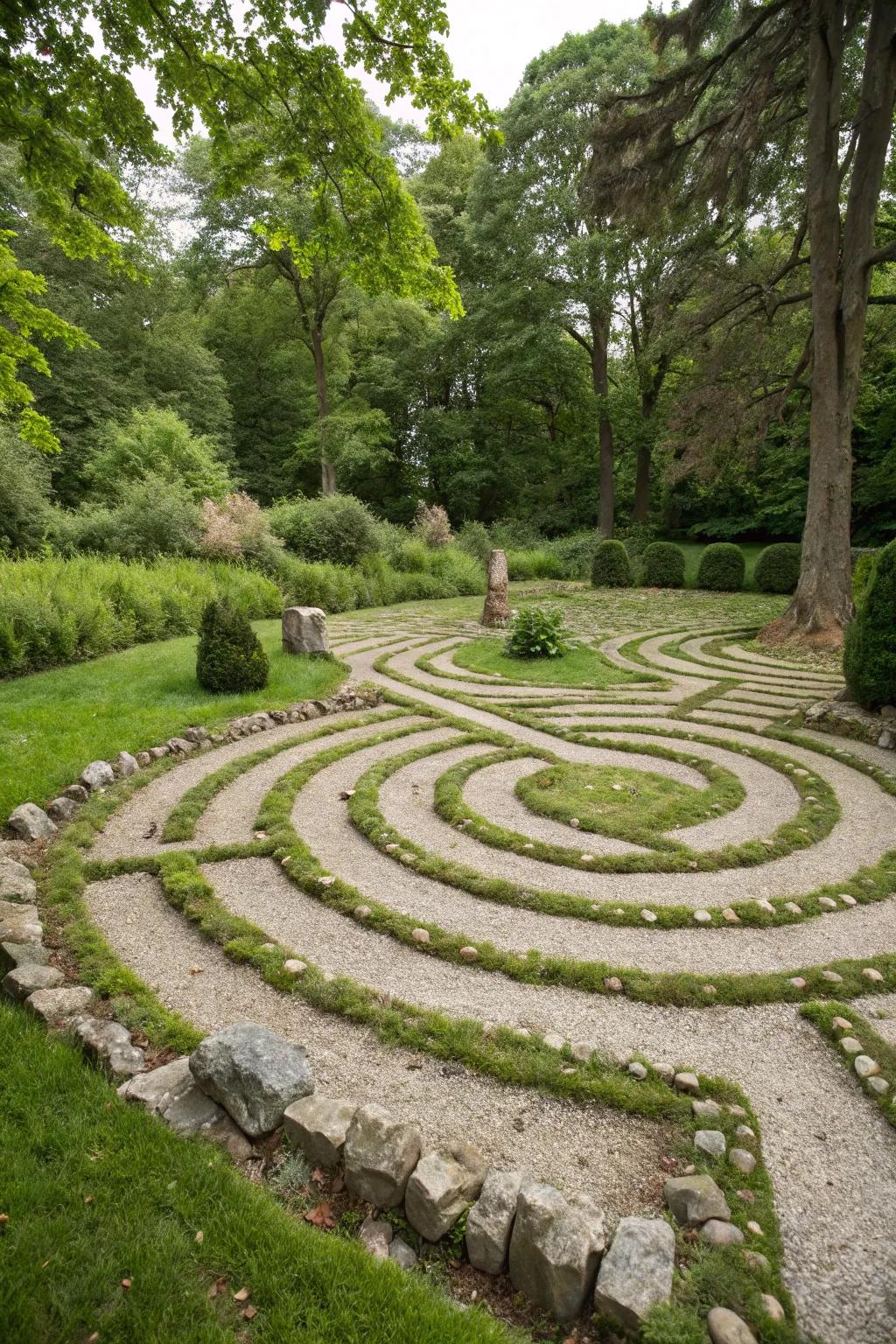 A gravel and turf labyrinth furnishes a textural ambling journey.
