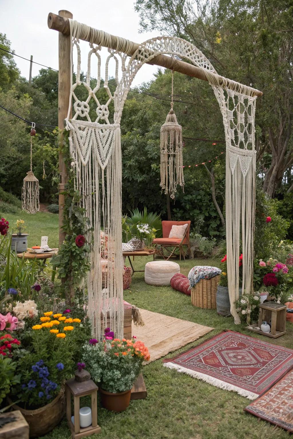 Macramé arches infuse a touch of bohemian bliss and ingenuity into gardens.