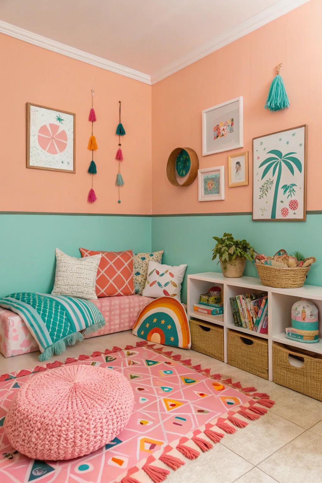 Playful and cheerful with melon walls and marine trim.