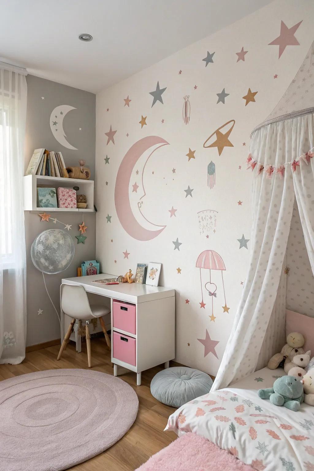 Funky outlines creating a dreamy ambiance within a child's room.