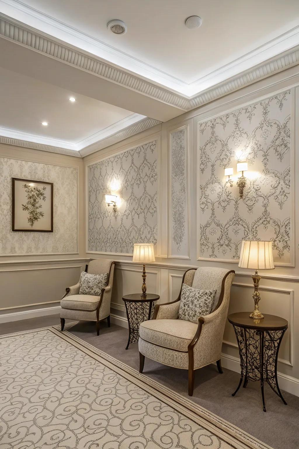 A sophisticated room with a classic monochrome wallpaper edging.