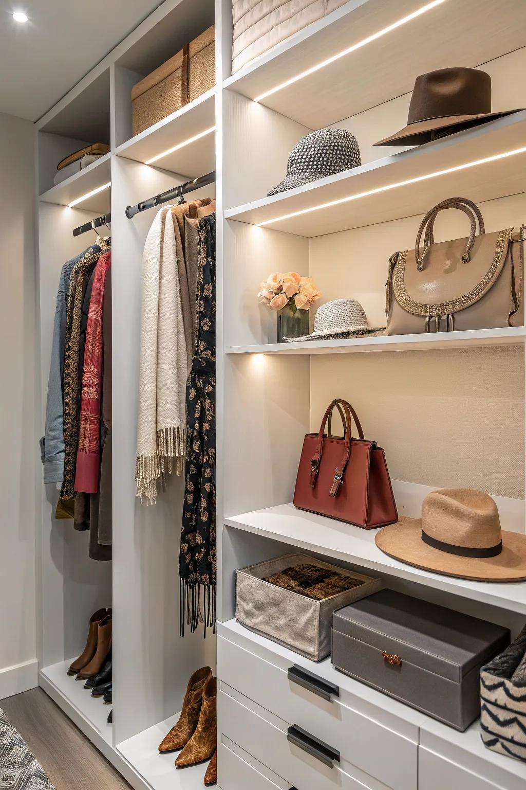 Floating shelves elegantly display your accessories while conserving space.