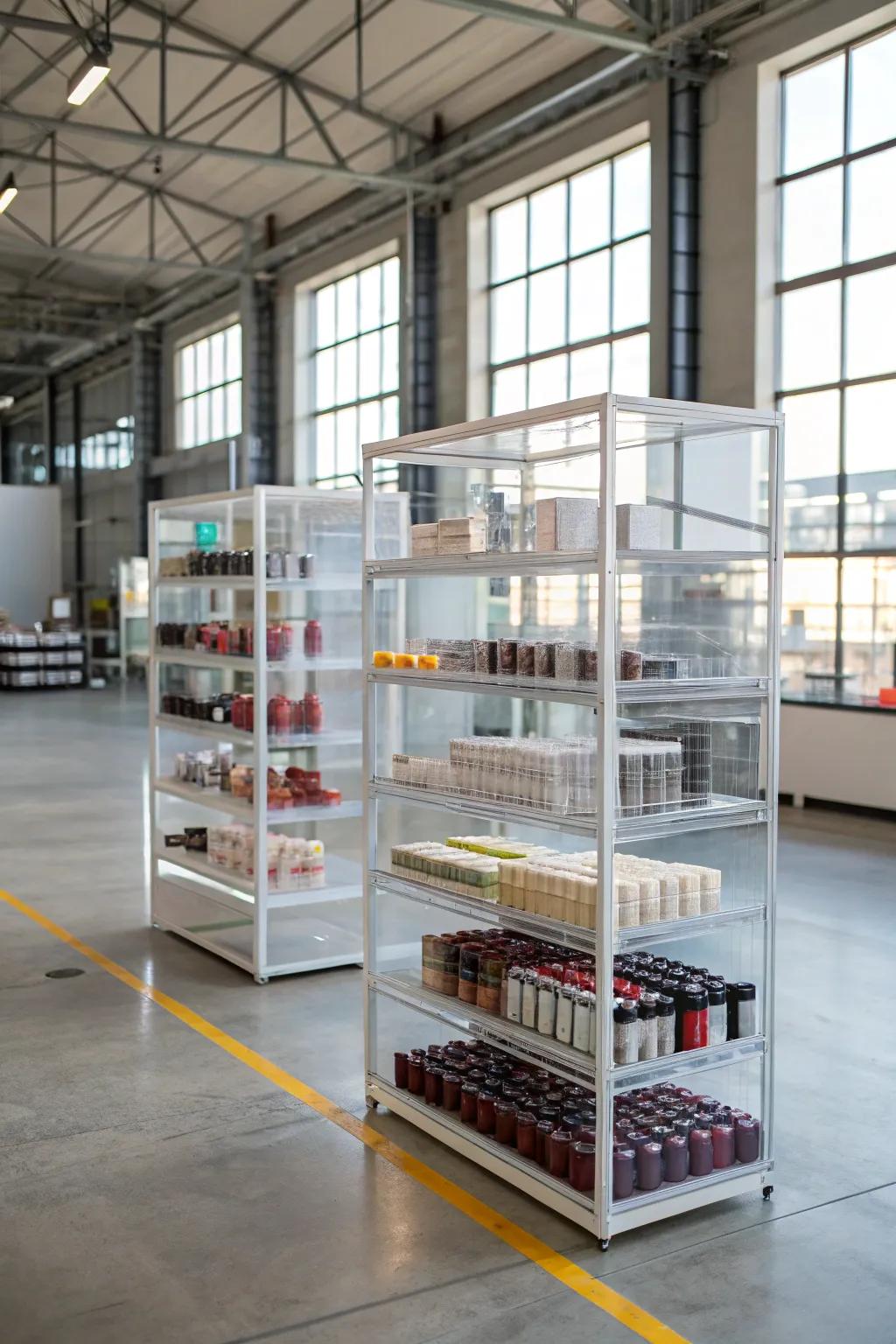 Transparent shelving provides visibility while enhancing its smooth appearance.